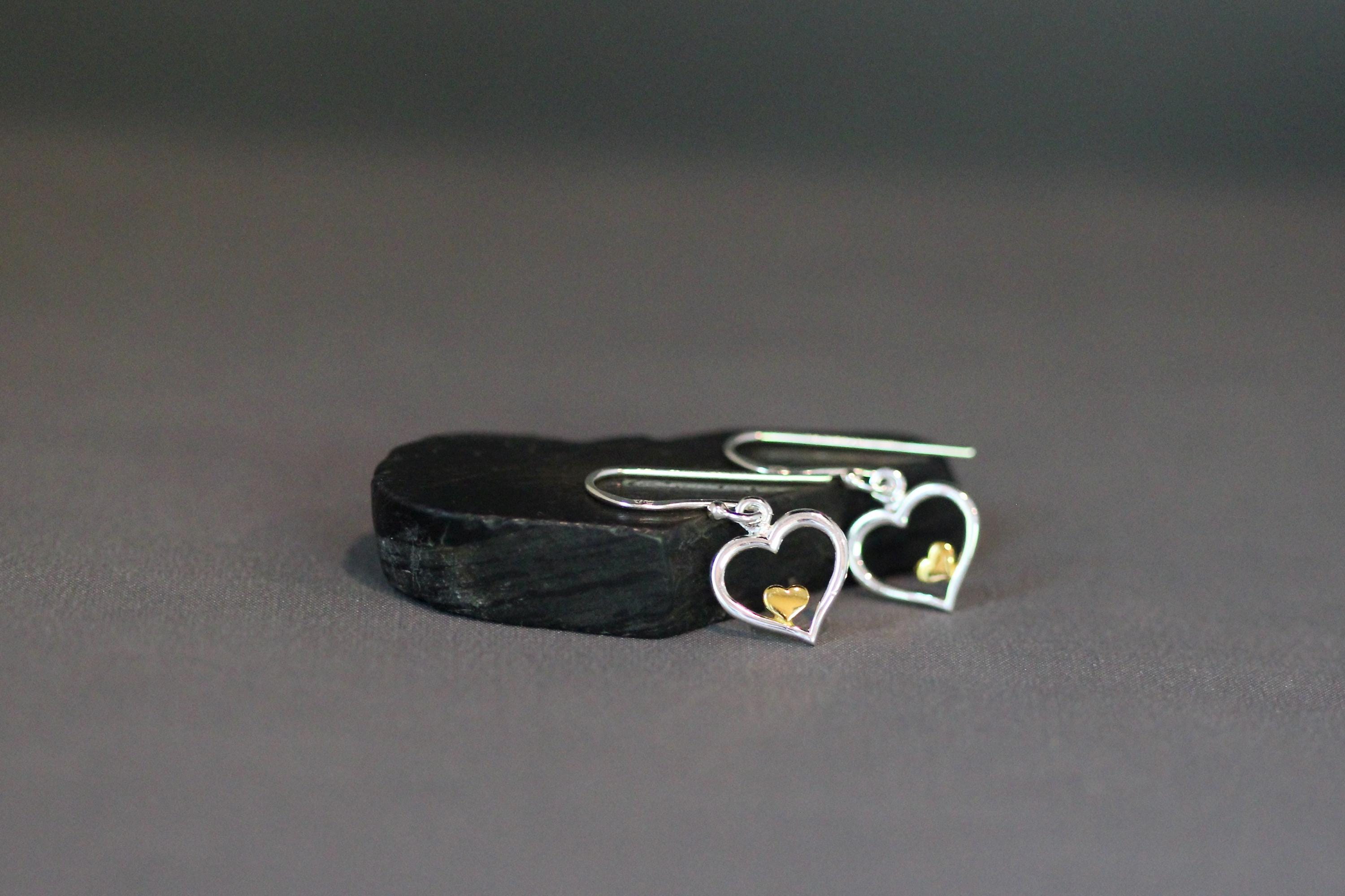 Double Heart Charm Earrings in Mixed Sterling Silver and Gold Vermeil