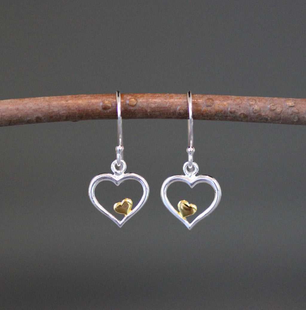 Double Heart Charm Earrings in Mixed Sterling Silver and Gold Vermeil