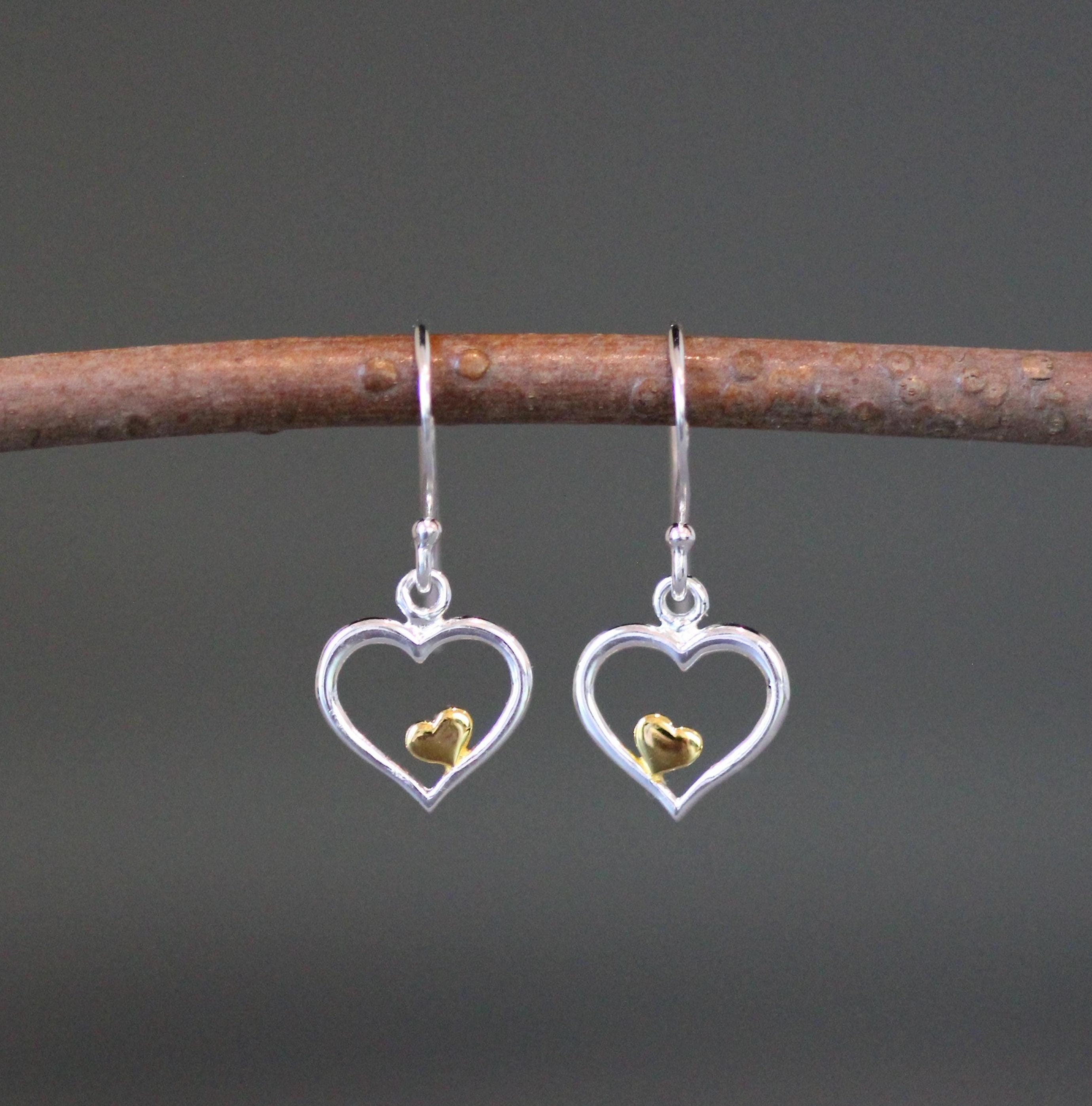 Double Heart Charm Earrings in Mixed Sterling Silver and Gold Vermeil