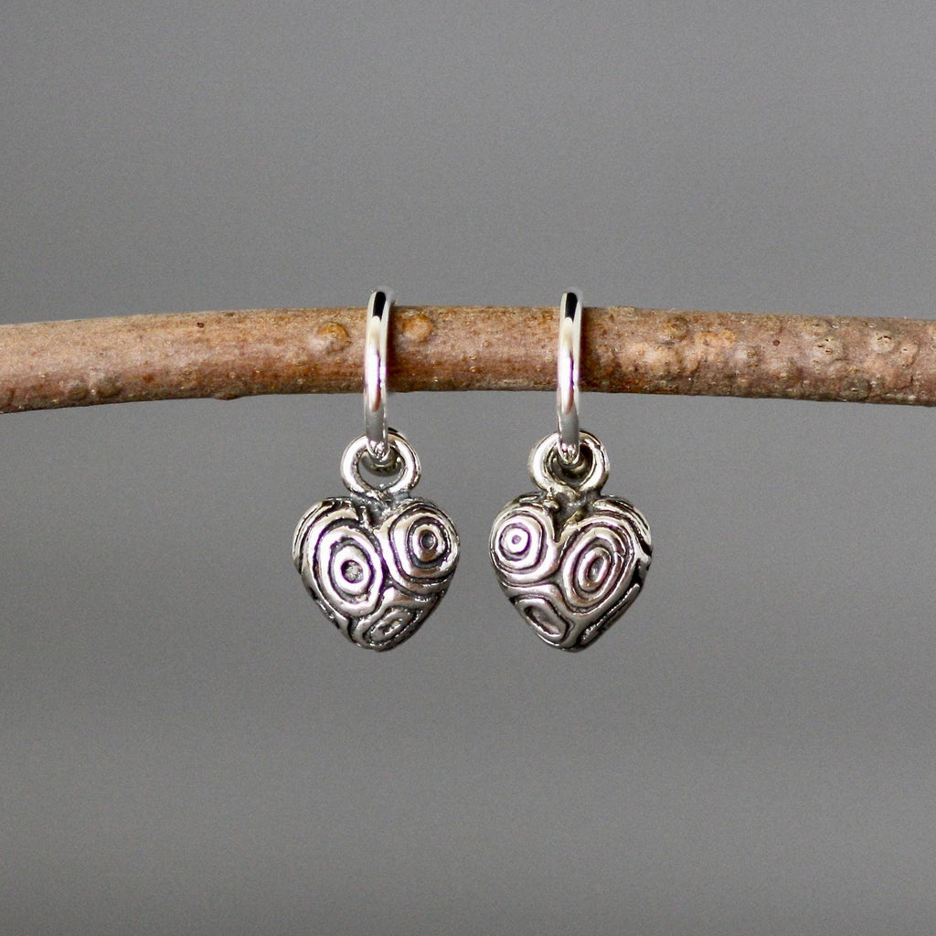 Bali Sterling Silver Heart Charm Earrings with Carved Detail on Post Hoops