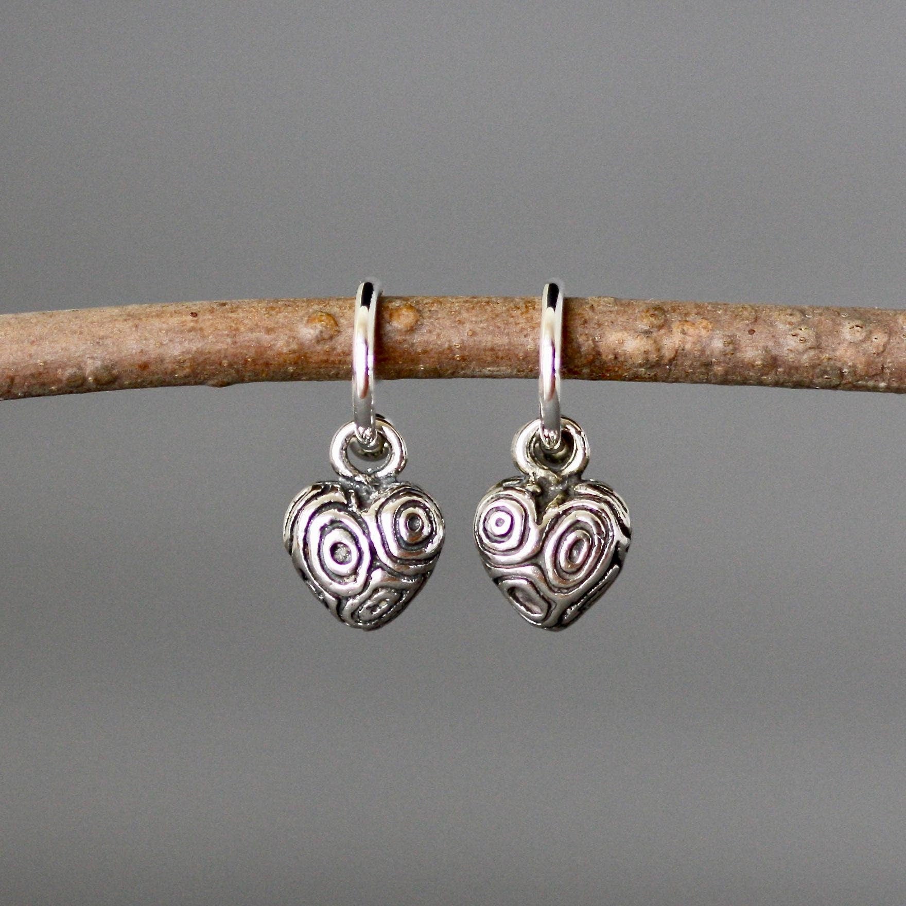 Bali Sterling Silver Heart Charm Earrings with Carved Detail on Post Hoops