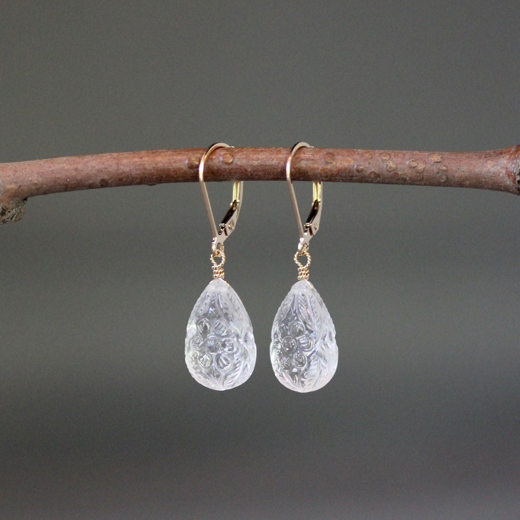 Carved Clear Quartz Crystal Teardrop Earrings in Sterling Silver