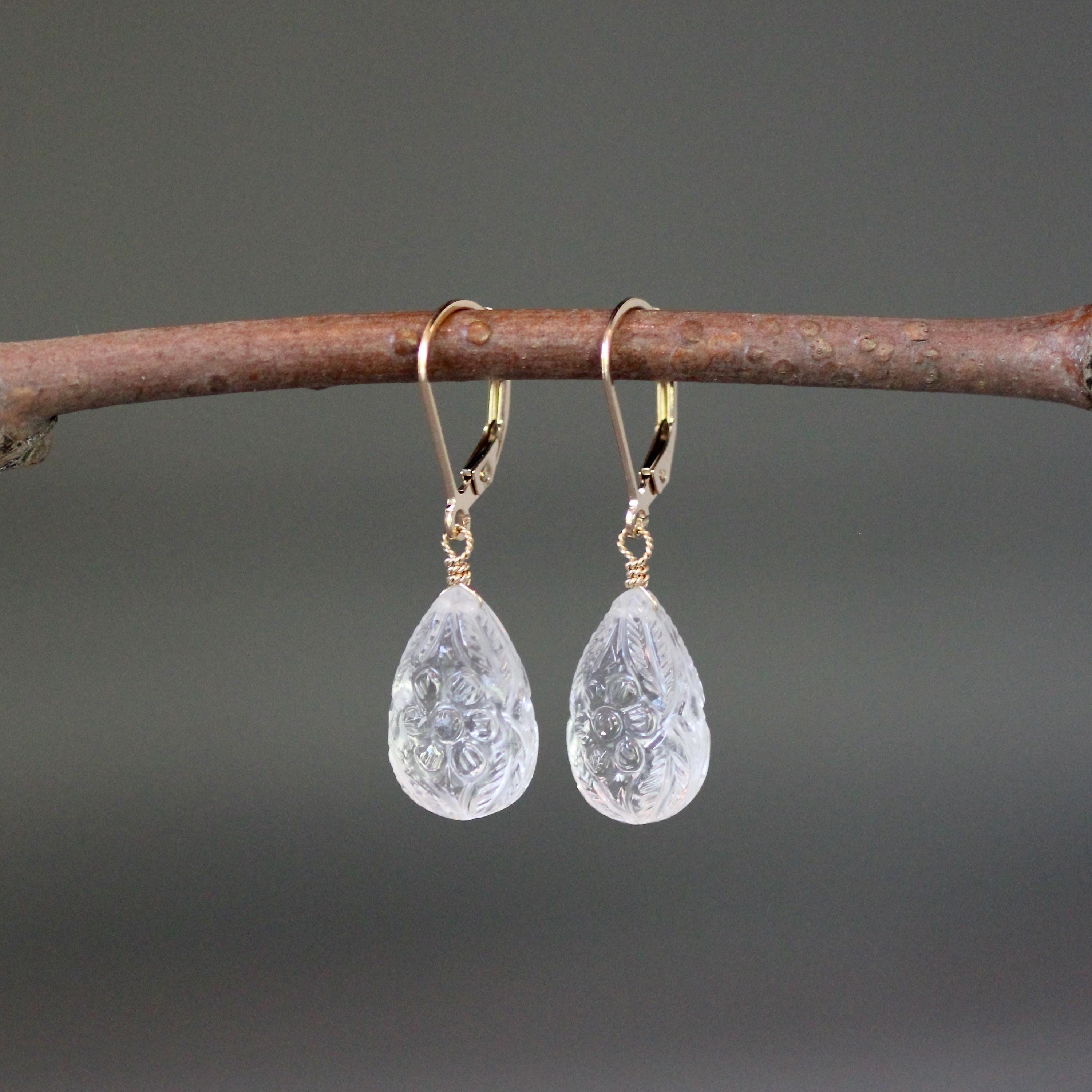 Carved Clear Quartz Crystal Teardrop Earrings in Sterling Silver