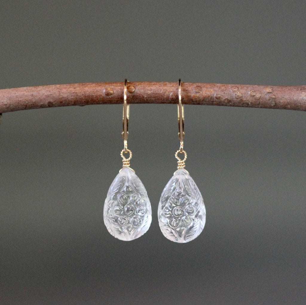 Clear Quartz Crystal Carved Teardrop Dangle Earrings in Gold Filled