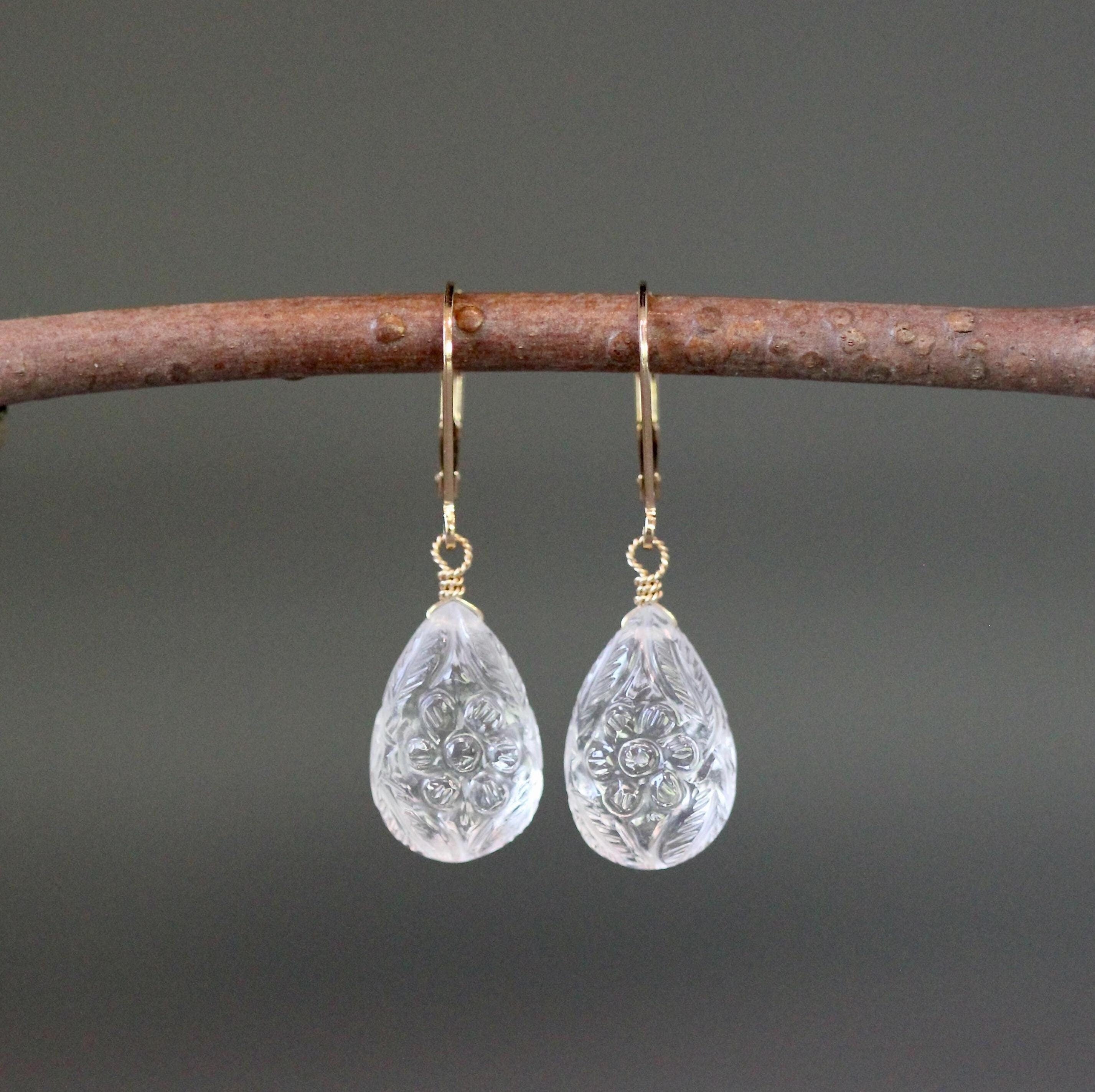 Clear Quartz Crystal Carved Teardrop Dangle Earrings in Gold Filled