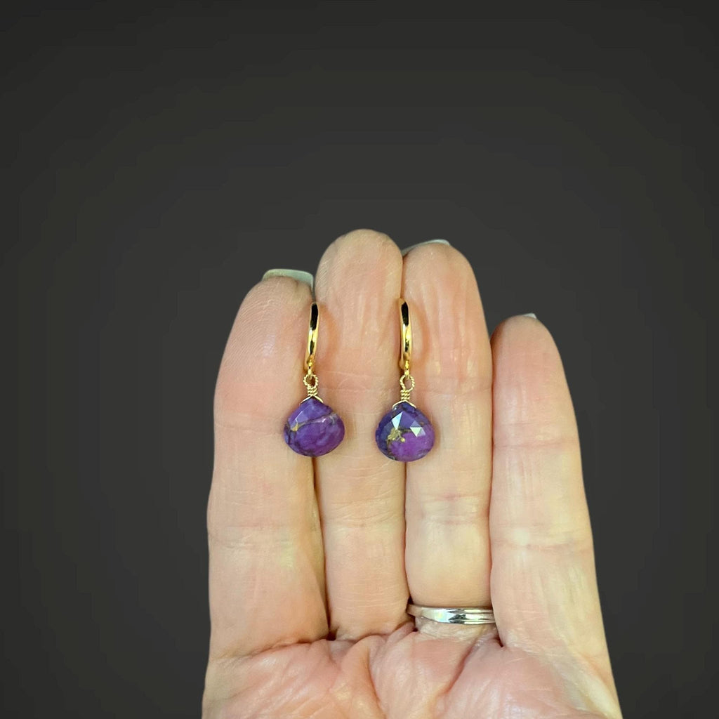 Purple Copper Turquoise Teardrop Earrings on Gold Vermeil Huggie Hoops