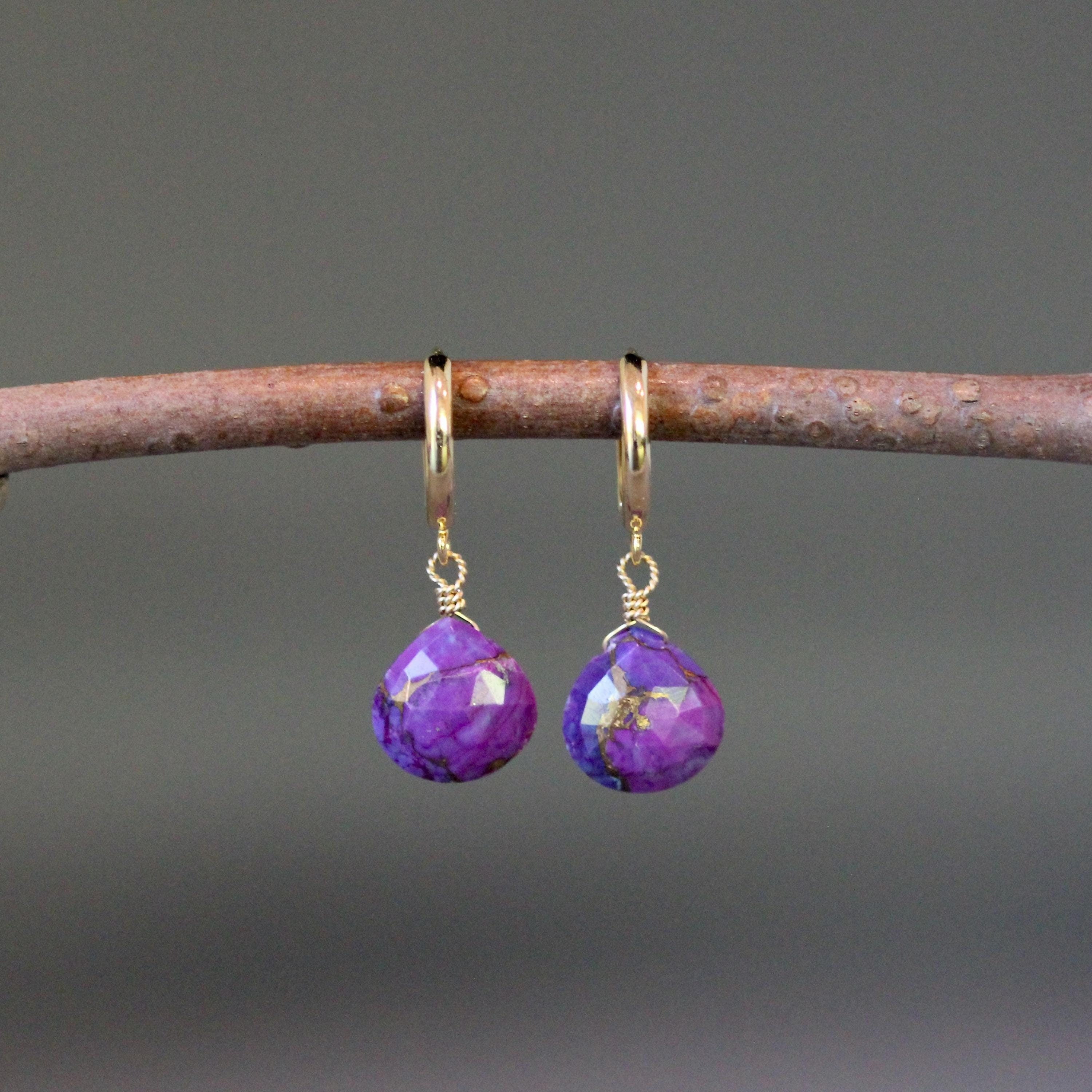 Purple Copper Turquoise Teardrop Earrings on Gold Vermeil Huggie Hoops