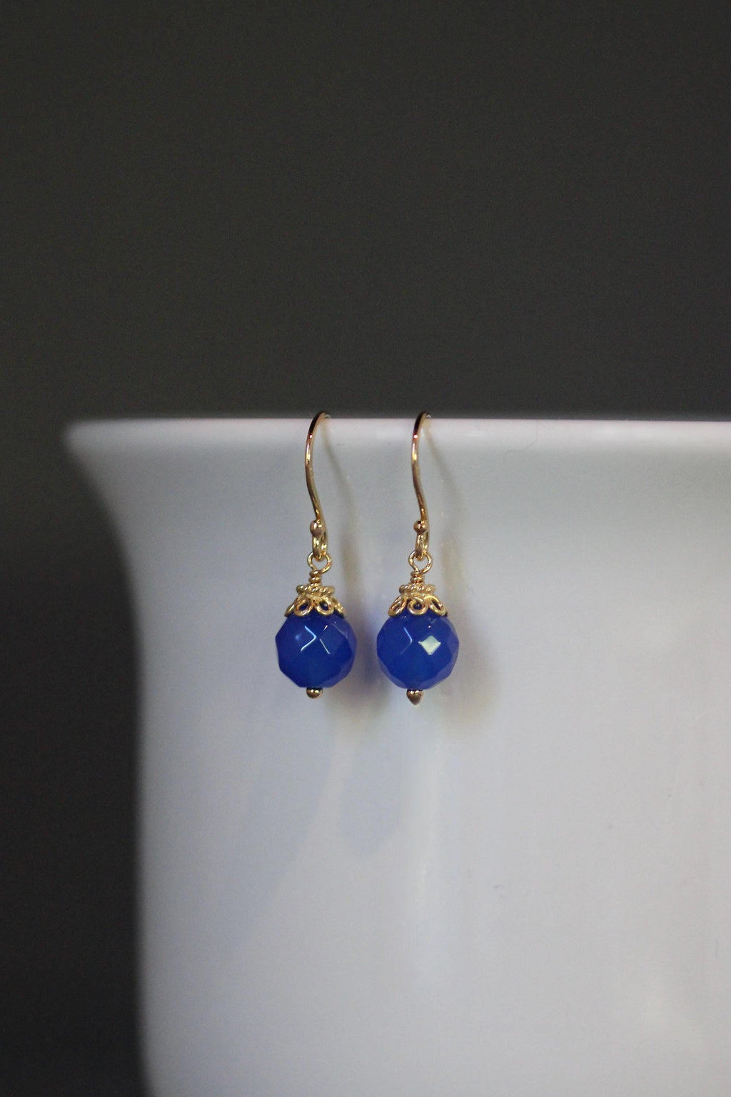 Blue Agate Round Stone Dangle Earrings with Gold Vermeil Caps