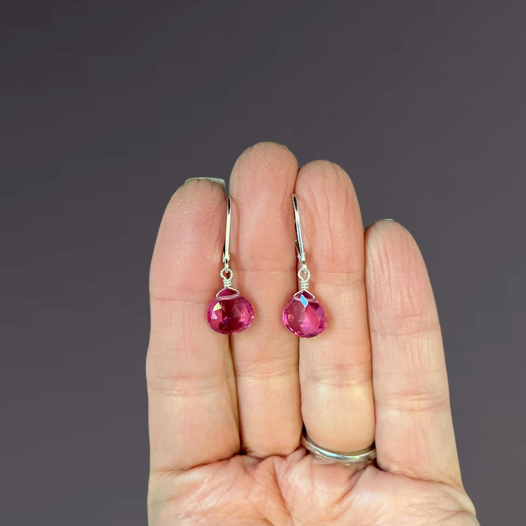 Fuchsia Strawberry Quartz Teardrop Earrings on Sterling Silver Leverbacks