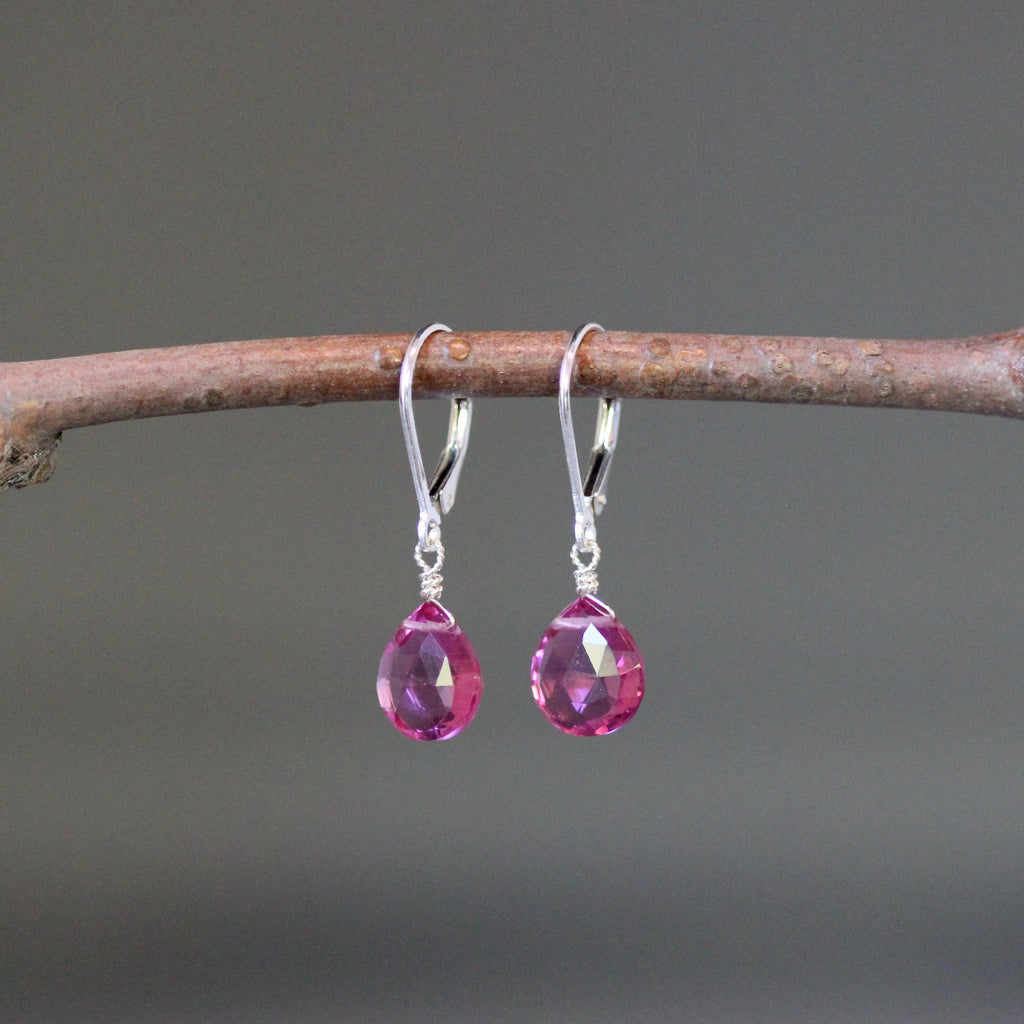 Fuchsia Strawberry Quartz Teardrop Earrings on Sterling Silver Leverbacks