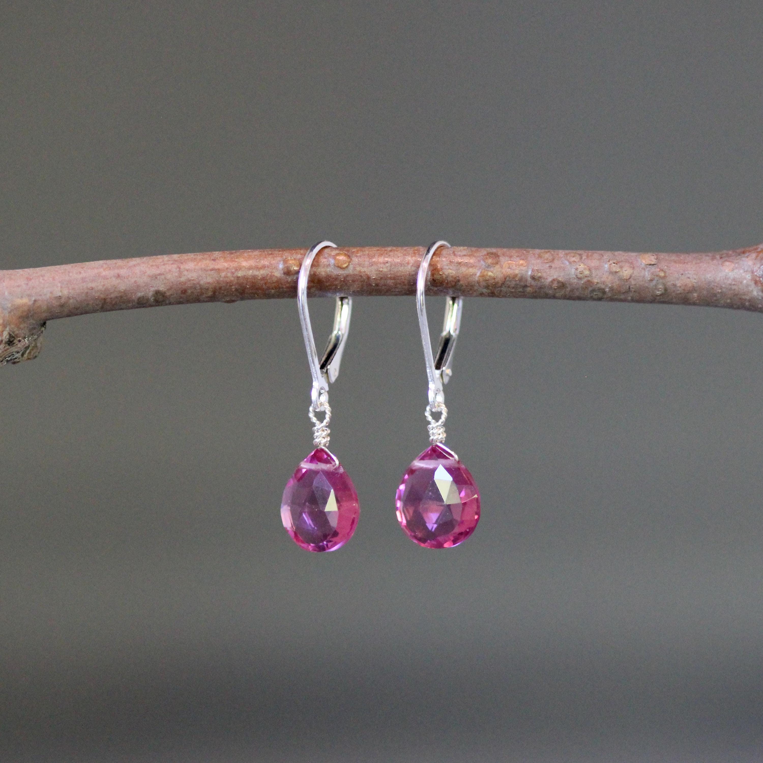 Fuchsia Strawberry Quartz Teardrop Earrings on Sterling Silver Leverbacks