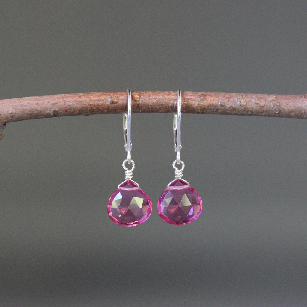 Fuchsia Strawberry Quartz Teardrop Earrings on Sterling Silver Leverbacks