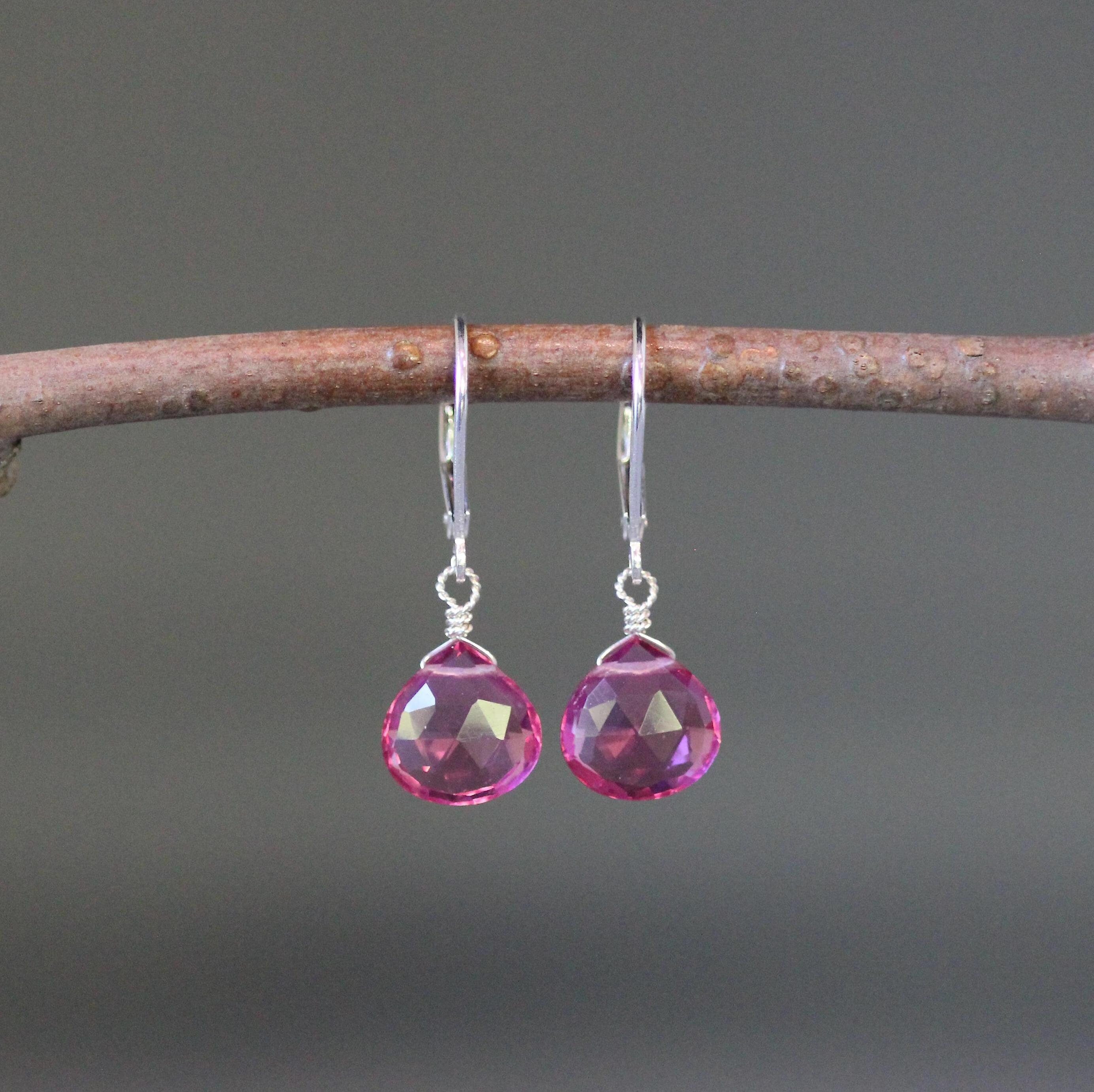 Fuchsia Strawberry Quartz Teardrop Earrings on Sterling Silver Leverbacks