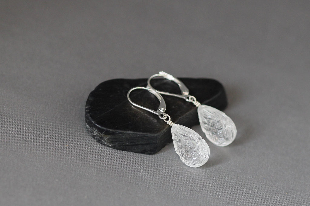 Carved Clear Quartz Crystal Teardrop Earrings in Sterling Silver