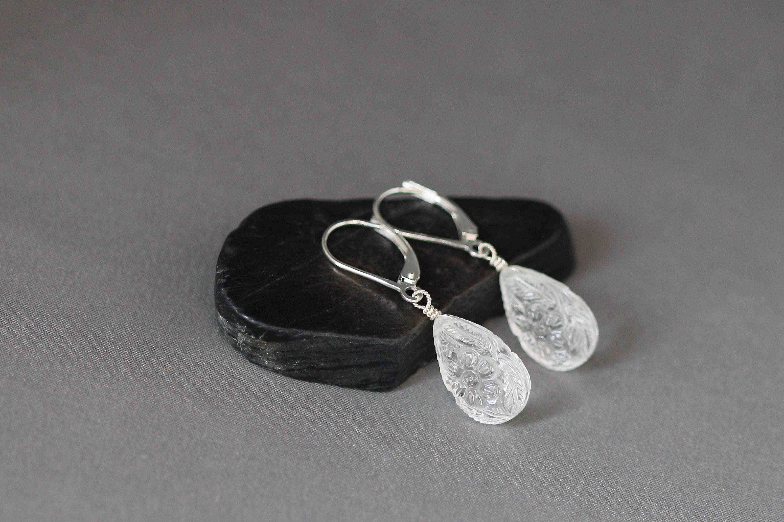 Carved Clear Quartz Crystal Teardrop Earrings in Sterling Silver