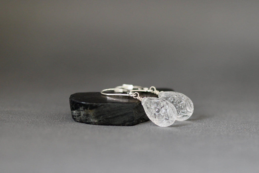 Carved Clear Quartz Crystal Teardrop Earrings in Sterling Silver