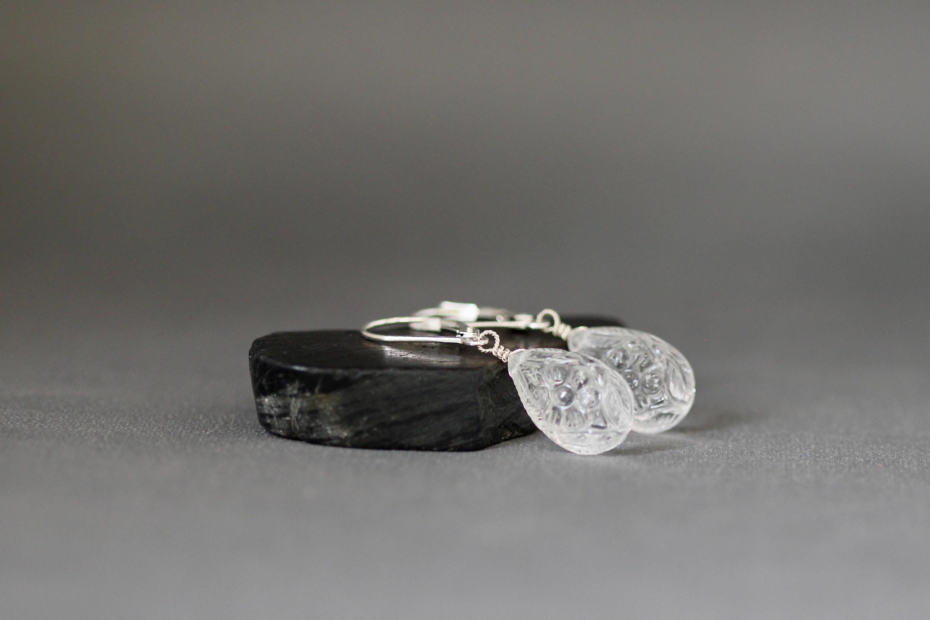 Carved Clear Quartz Crystal Teardrop Earrings in Sterling Silver