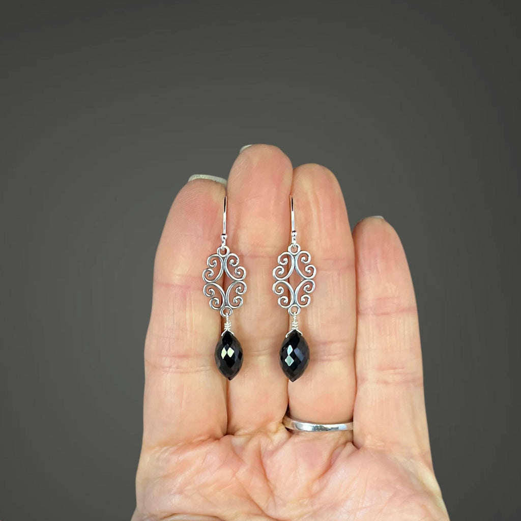 Black Spinel and Bali Sterling Silver Filigree Chandelier Earrings
