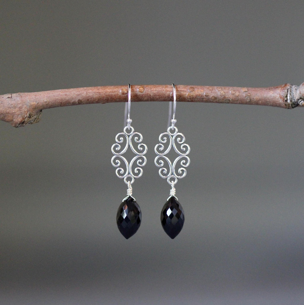 Black Spinel and Bali Sterling Silver Filigree Chandelier Earrings