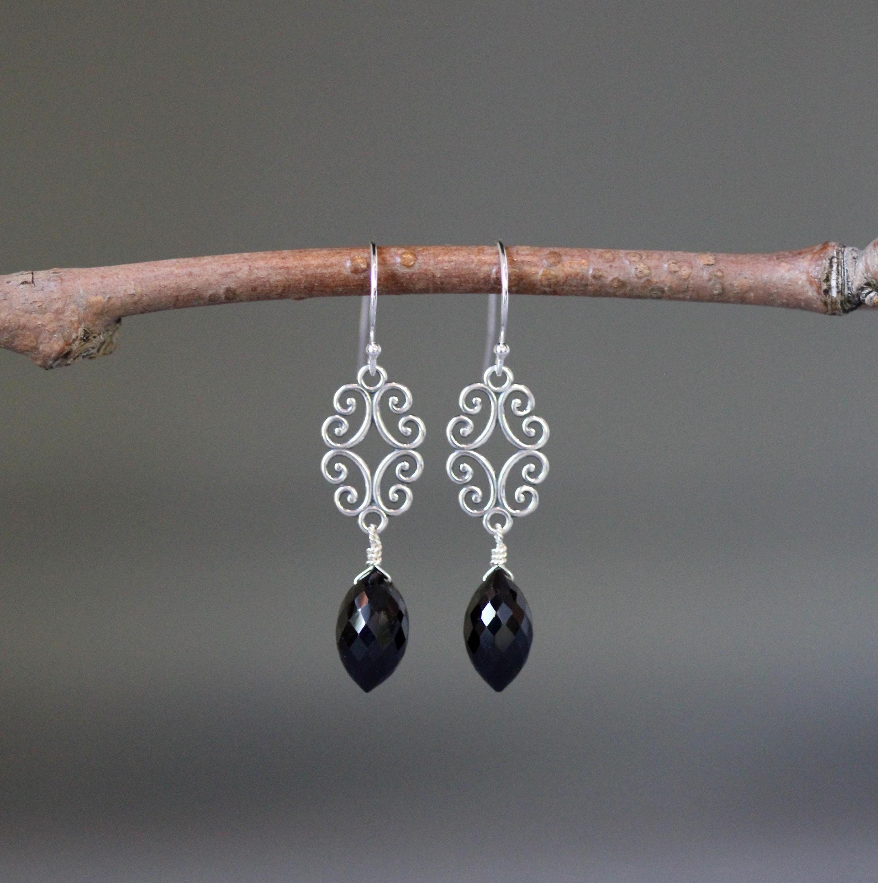 Black Spinel and Bali Sterling Silver Filigree Chandelier Earrings