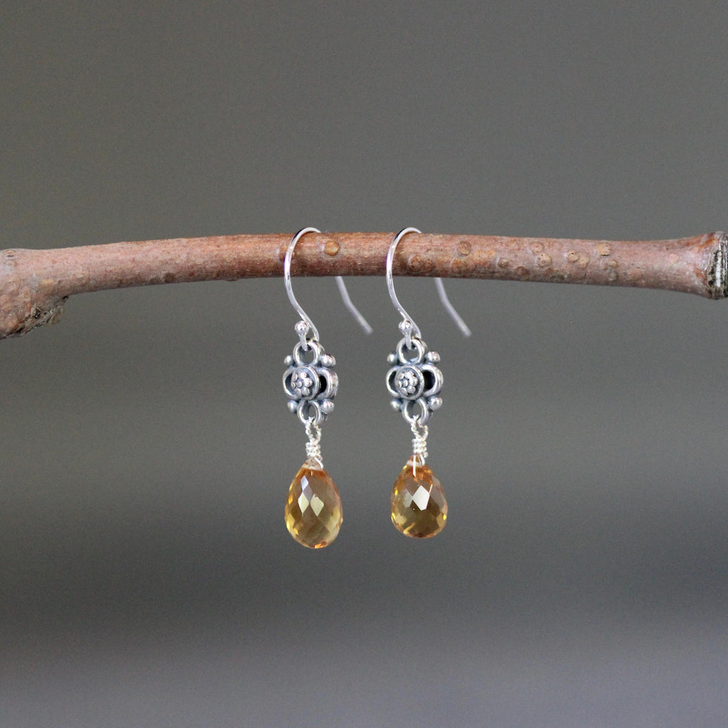 Citrine Briolette and Sterling Silver Bali Link Dangle Earrings