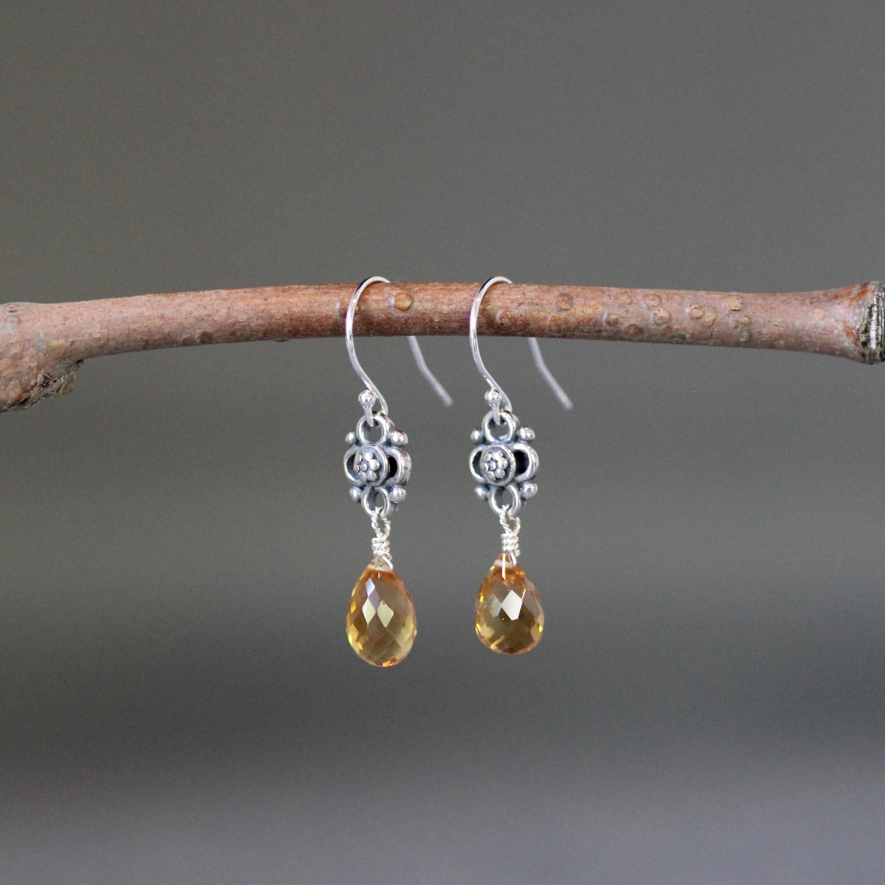 Citrine Briolette and Sterling Silver Bali Link Dangle Earrings