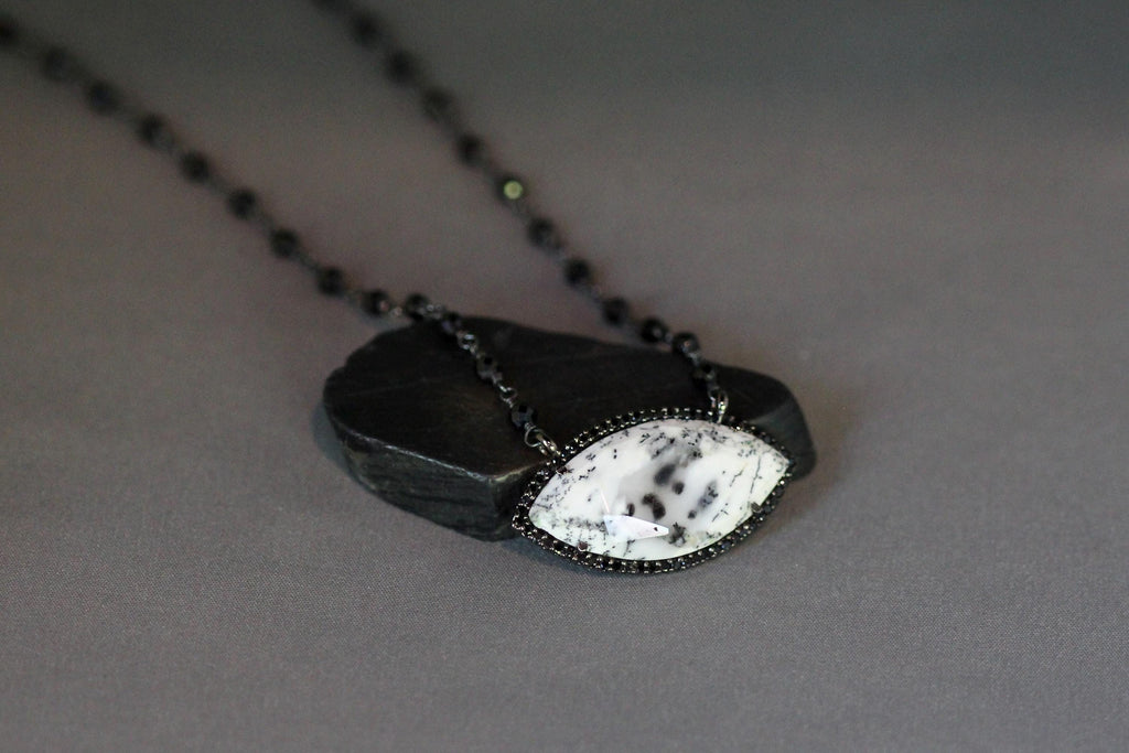 Dendritic Opal, Black Spinel and Cubic Zirconia Pendant Necklace in Blackened Silver