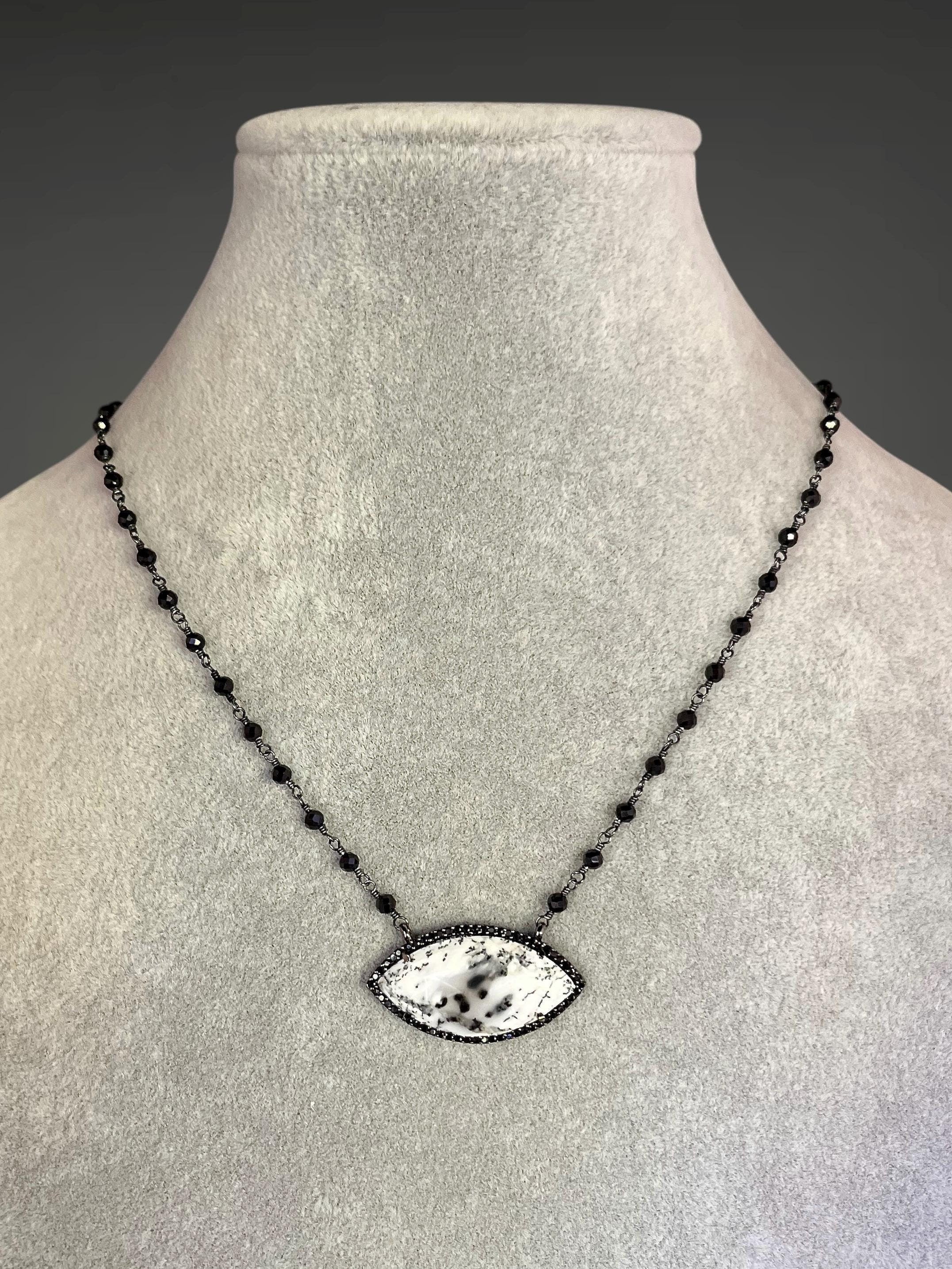 Dendritic Opal, Black Spinel and Cubic Zirconia Pendant Necklace in Blackened Silver