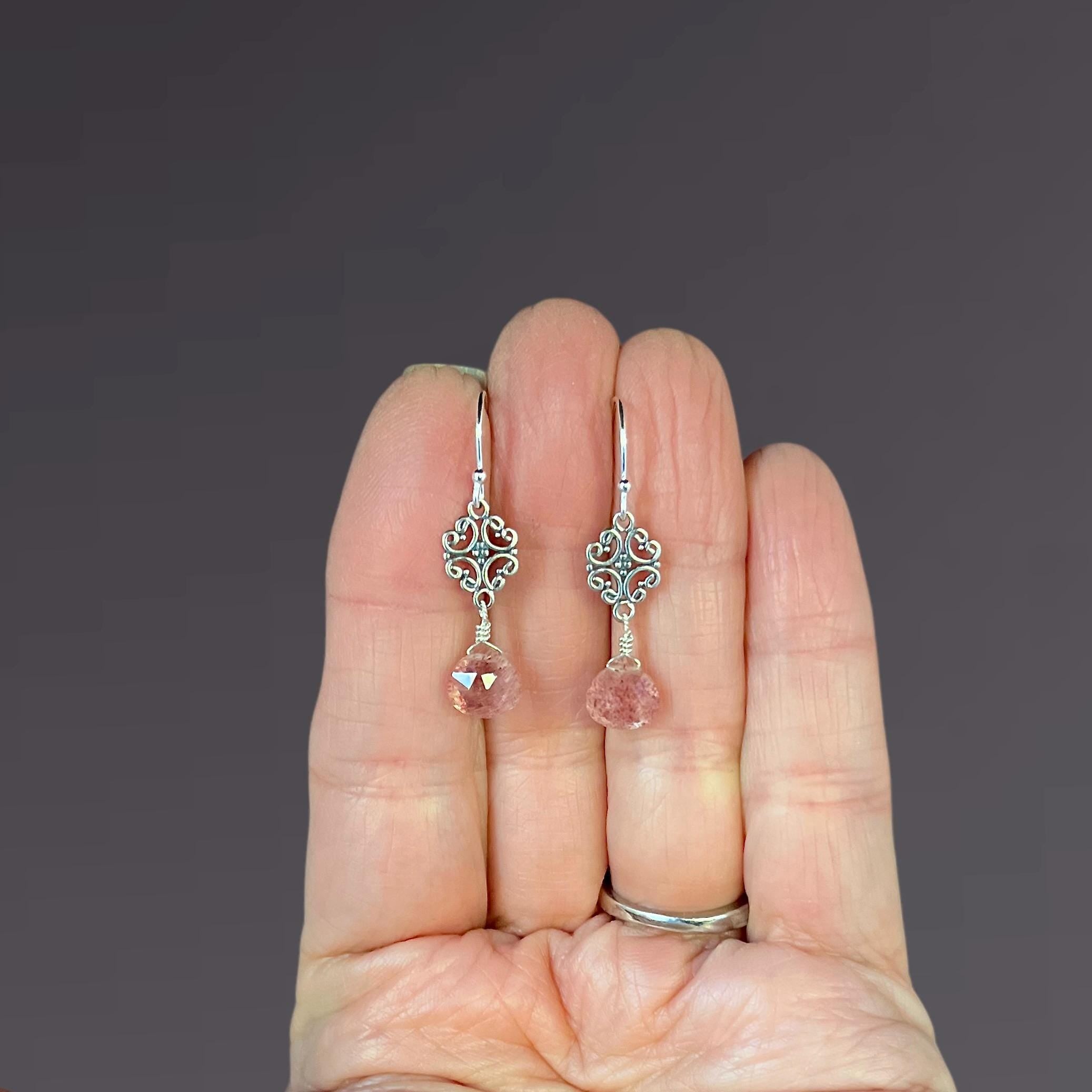 Strawberry Quartz Teardrop Earrings on Bali Sterling Silver Filigree Links