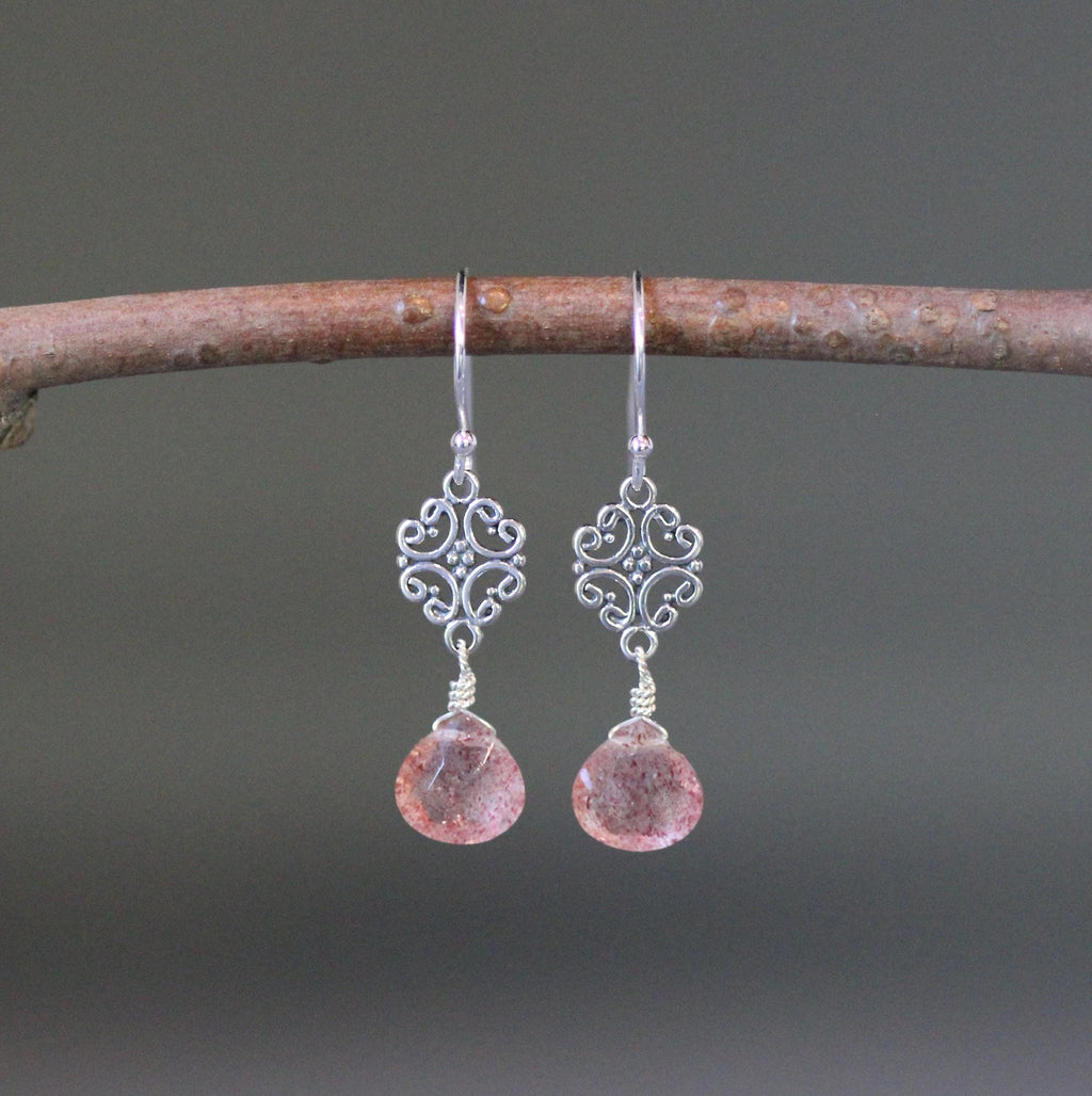 Strawberry Quartz Teardrop Earrings on Bali Sterling Silver Filigree Links
