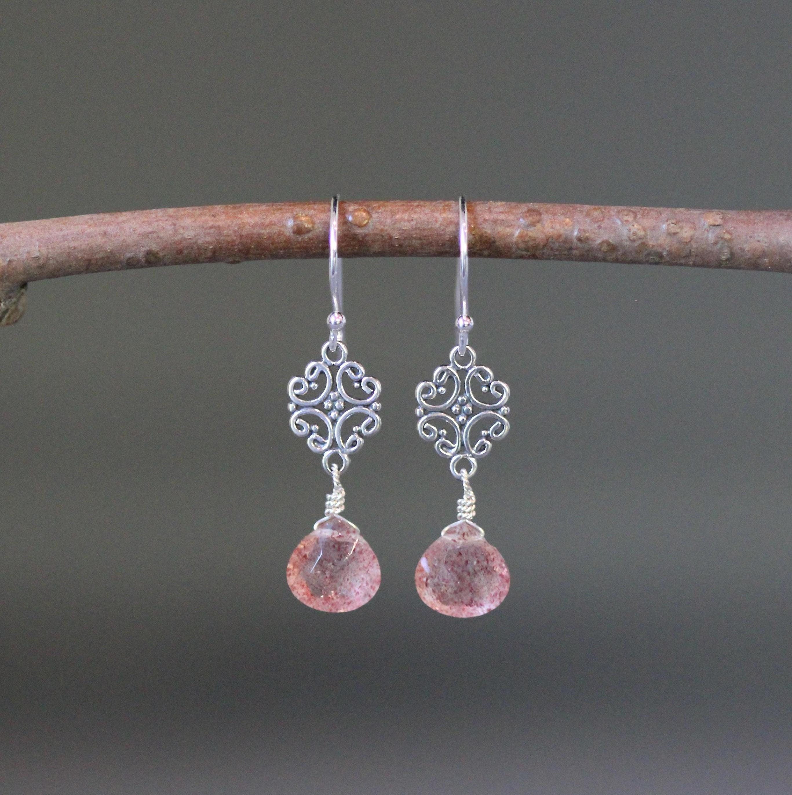 Strawberry Quartz Teardrop Earrings on Bali Sterling Silver Filigree Links