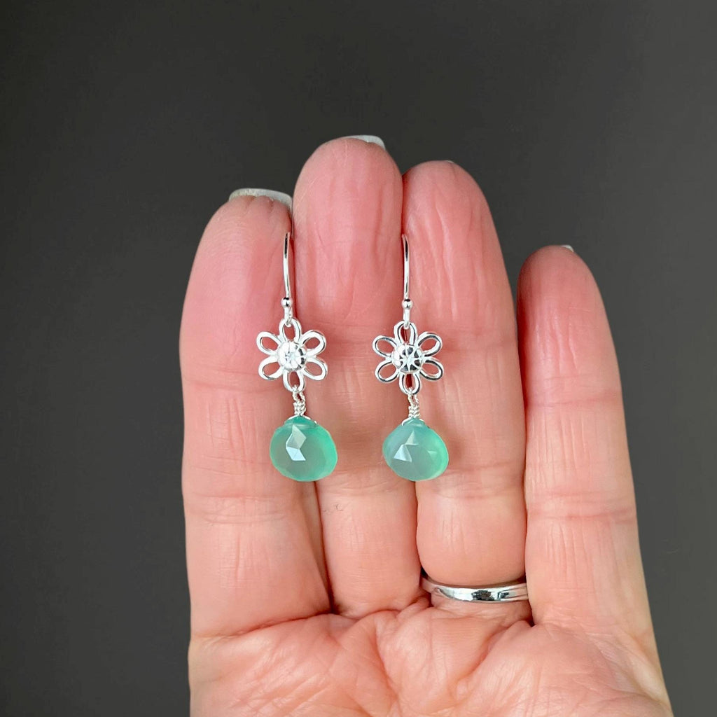 Green Chalcedony Teardrop Earrings on Bali Sterling Silver Flower Links