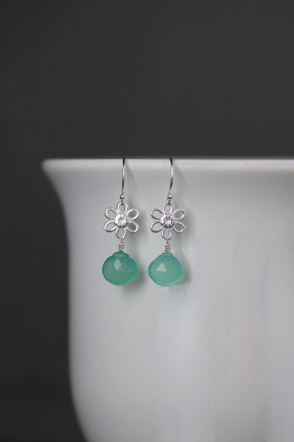 Green Chalcedony Teardrop Earrings on Bali Sterling Silver Flower Links