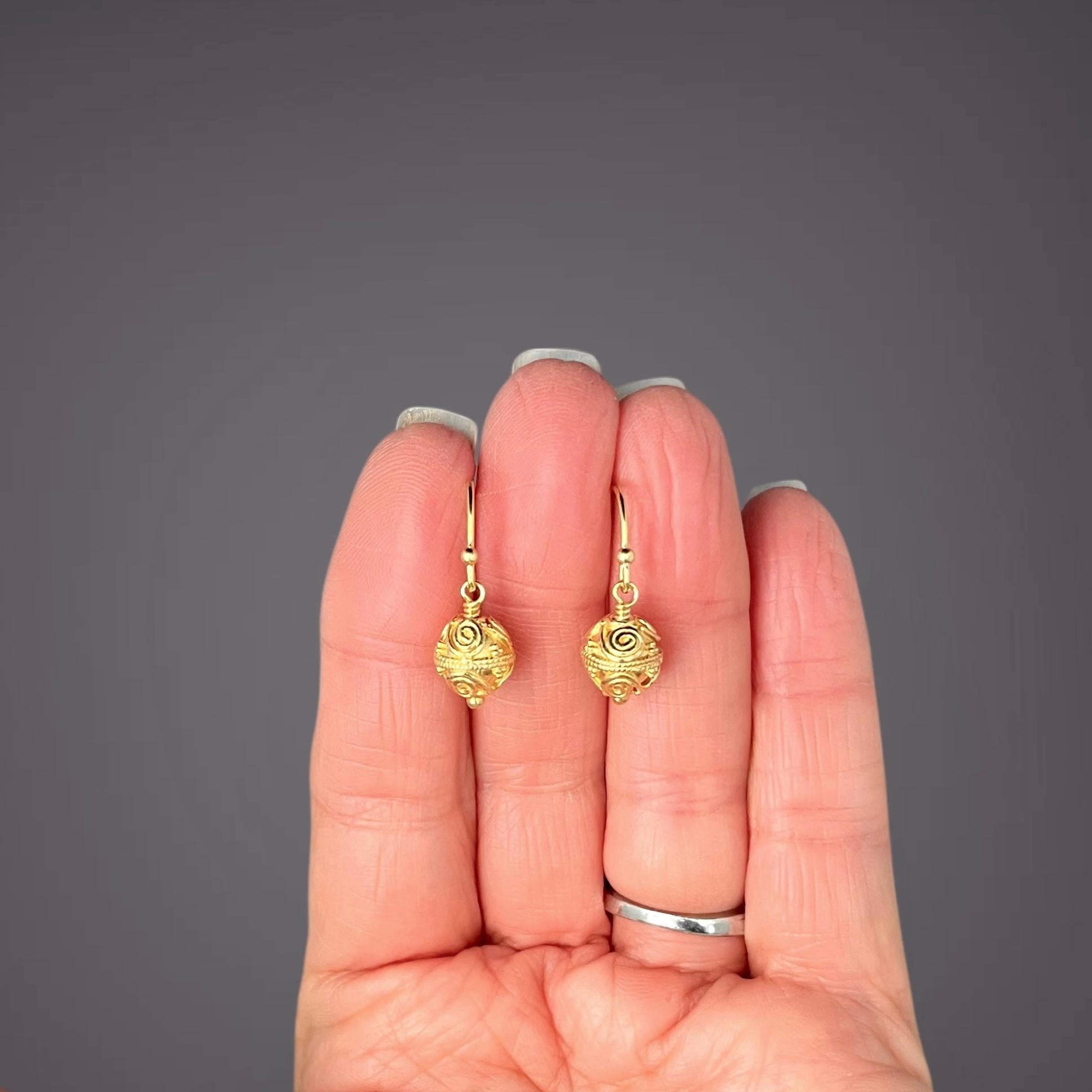 Gold Vermeil Bali Filigree Bead Dangle Earrings