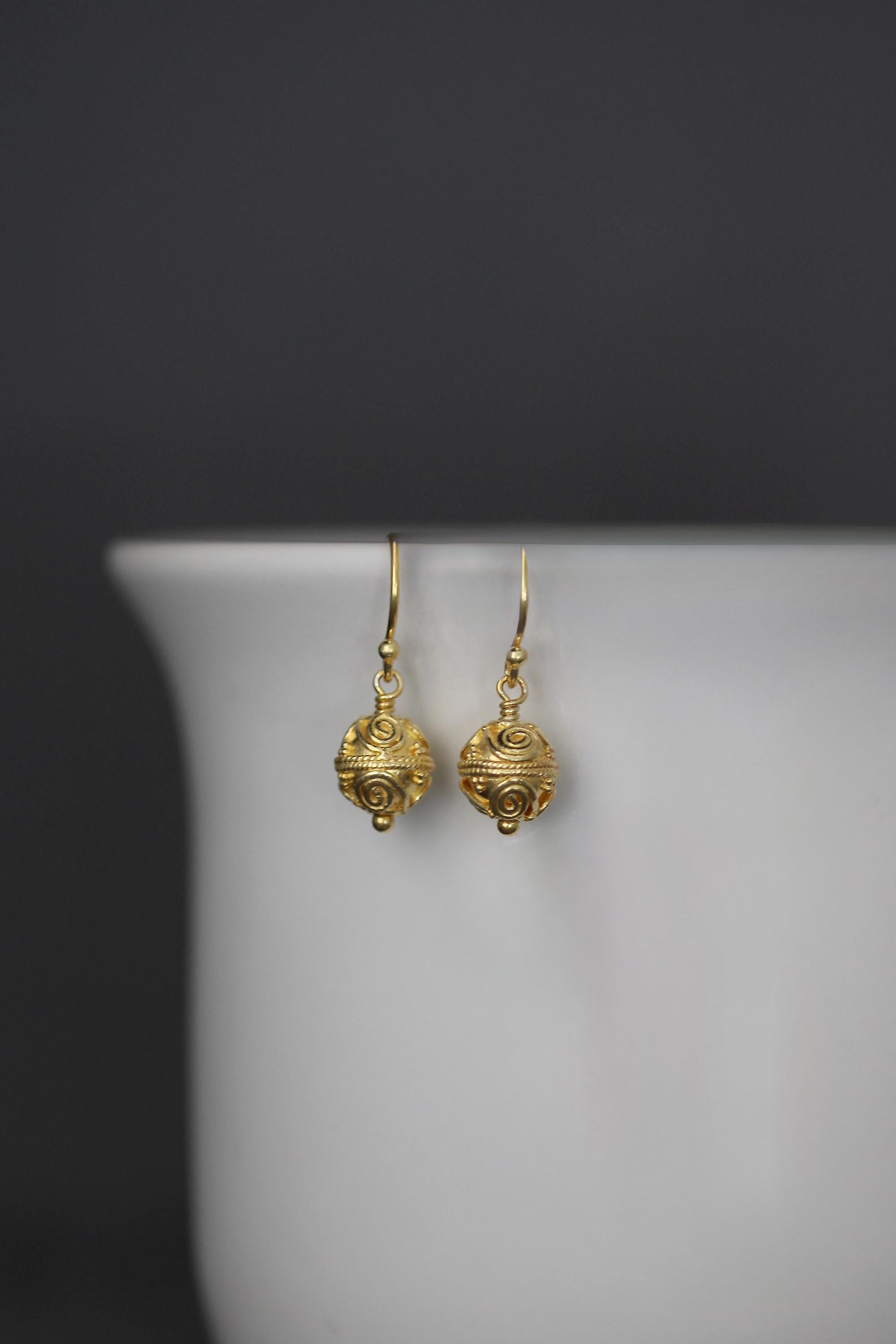 Gold Vermeil Bali Filigree Bead Dangle Earrings