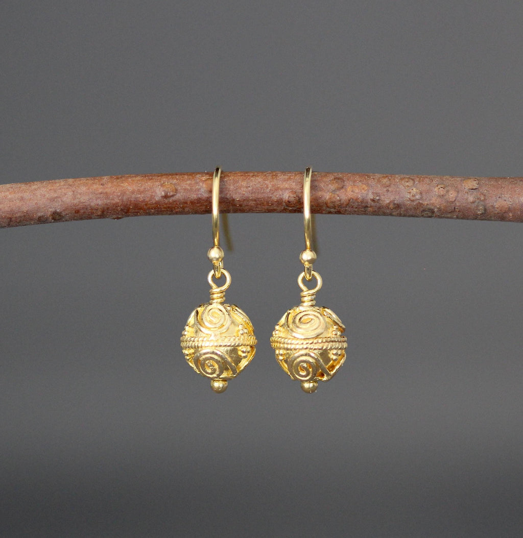 Gold Vermeil Bali Filigree Bead Dangle Earrings