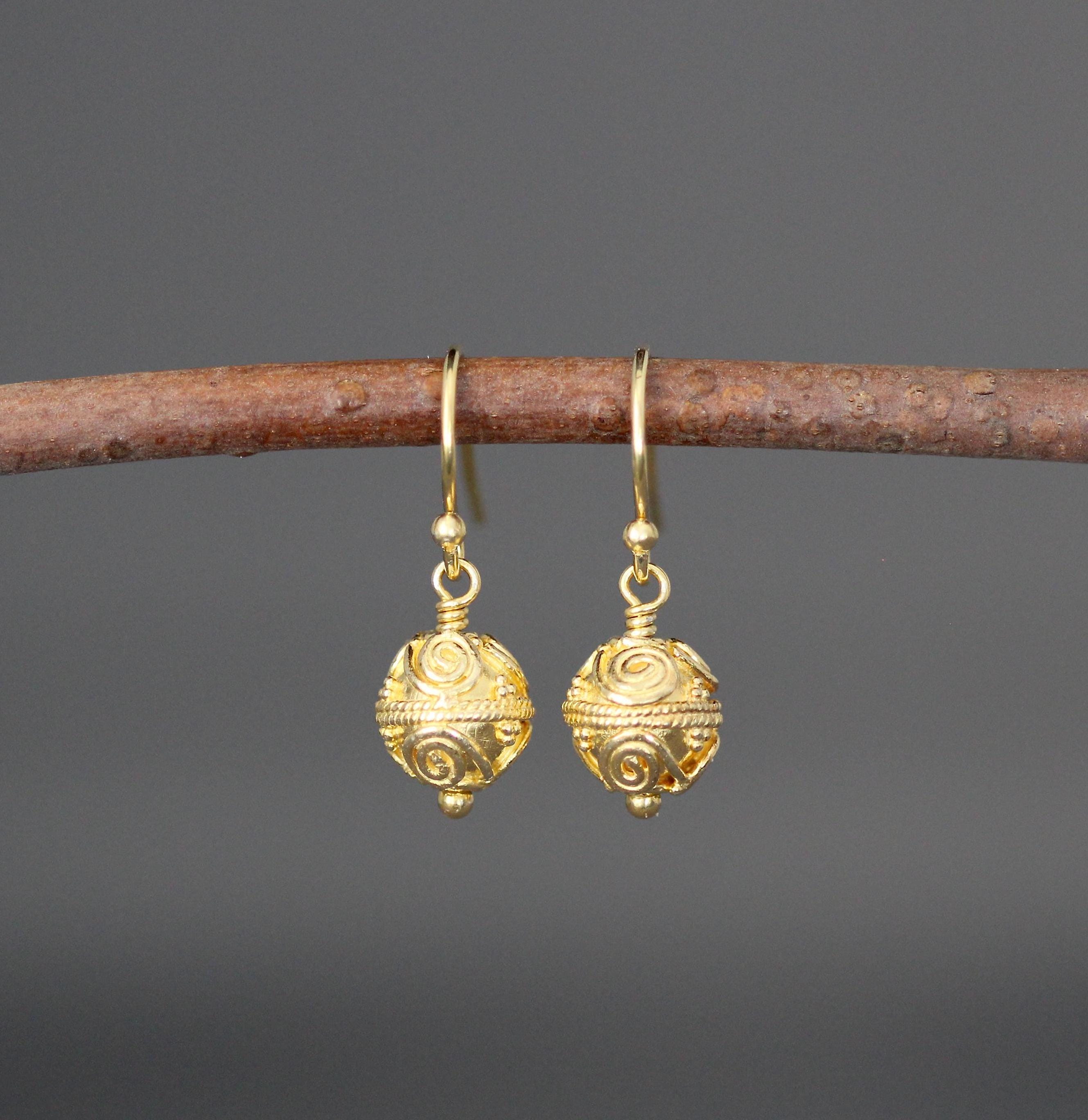 Gold Vermeil Bali Filigree Bead Dangle Earrings