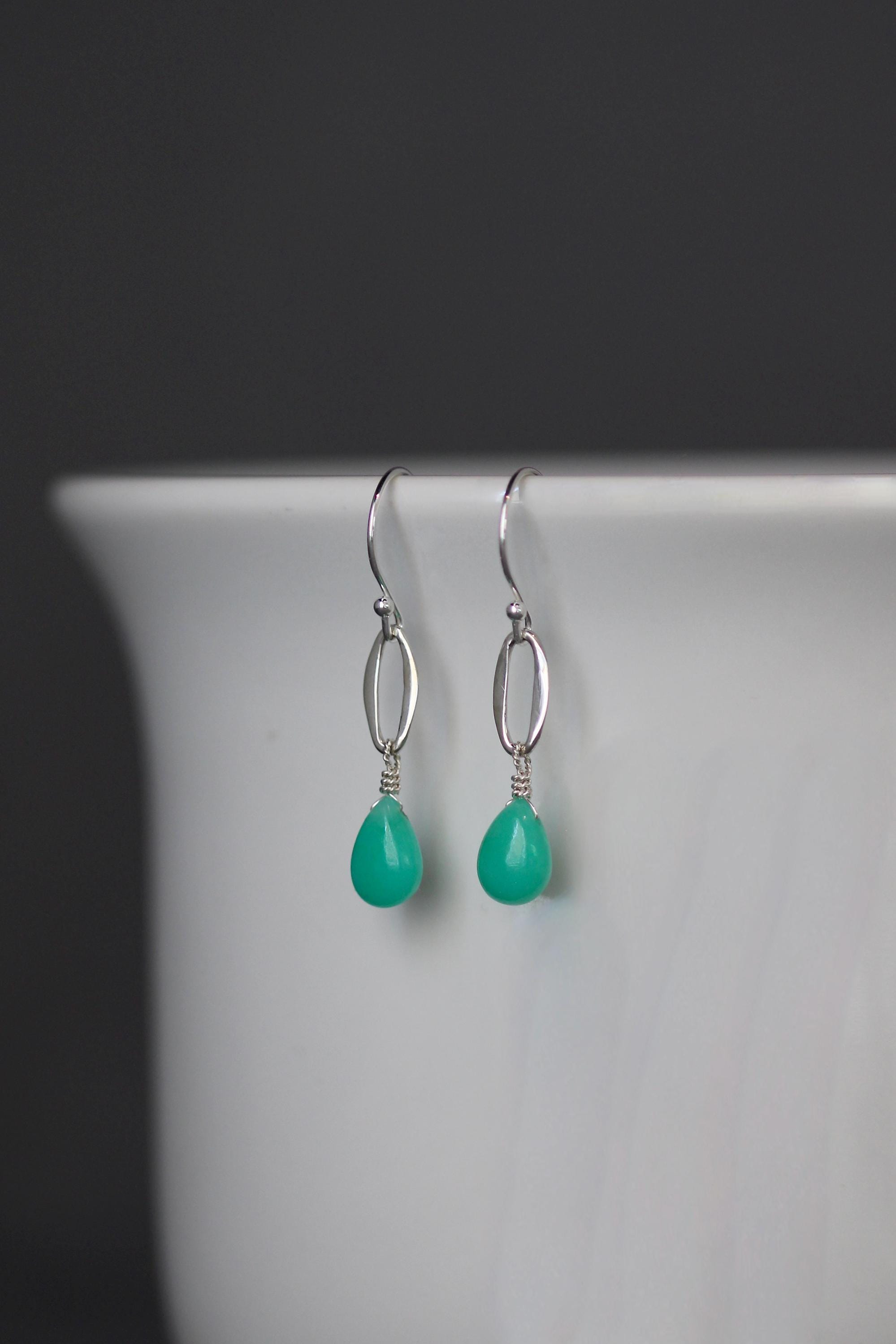Chrysoprase Teardrop Earrings on Bali Sterling Silver Oval Links