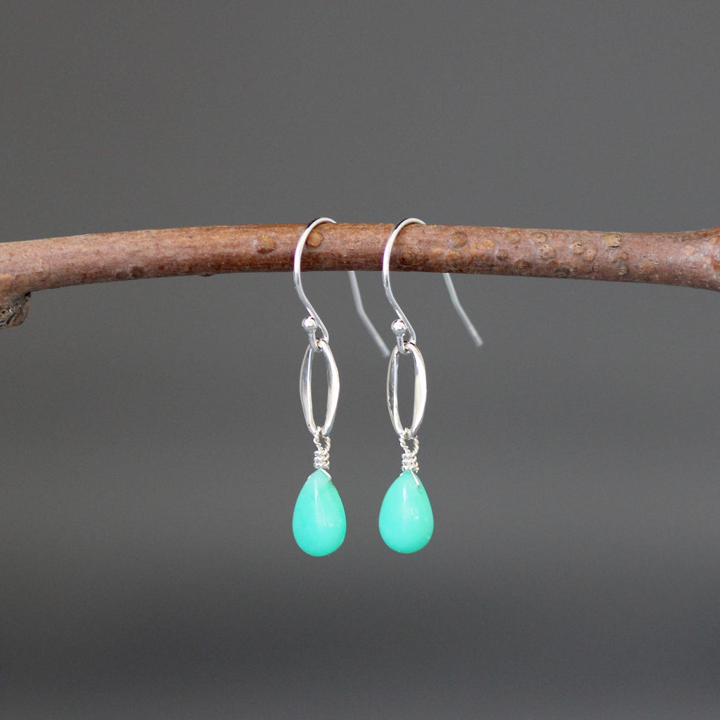 Chrysoprase Teardrop Earrings on Bali Sterling Silver Oval Links