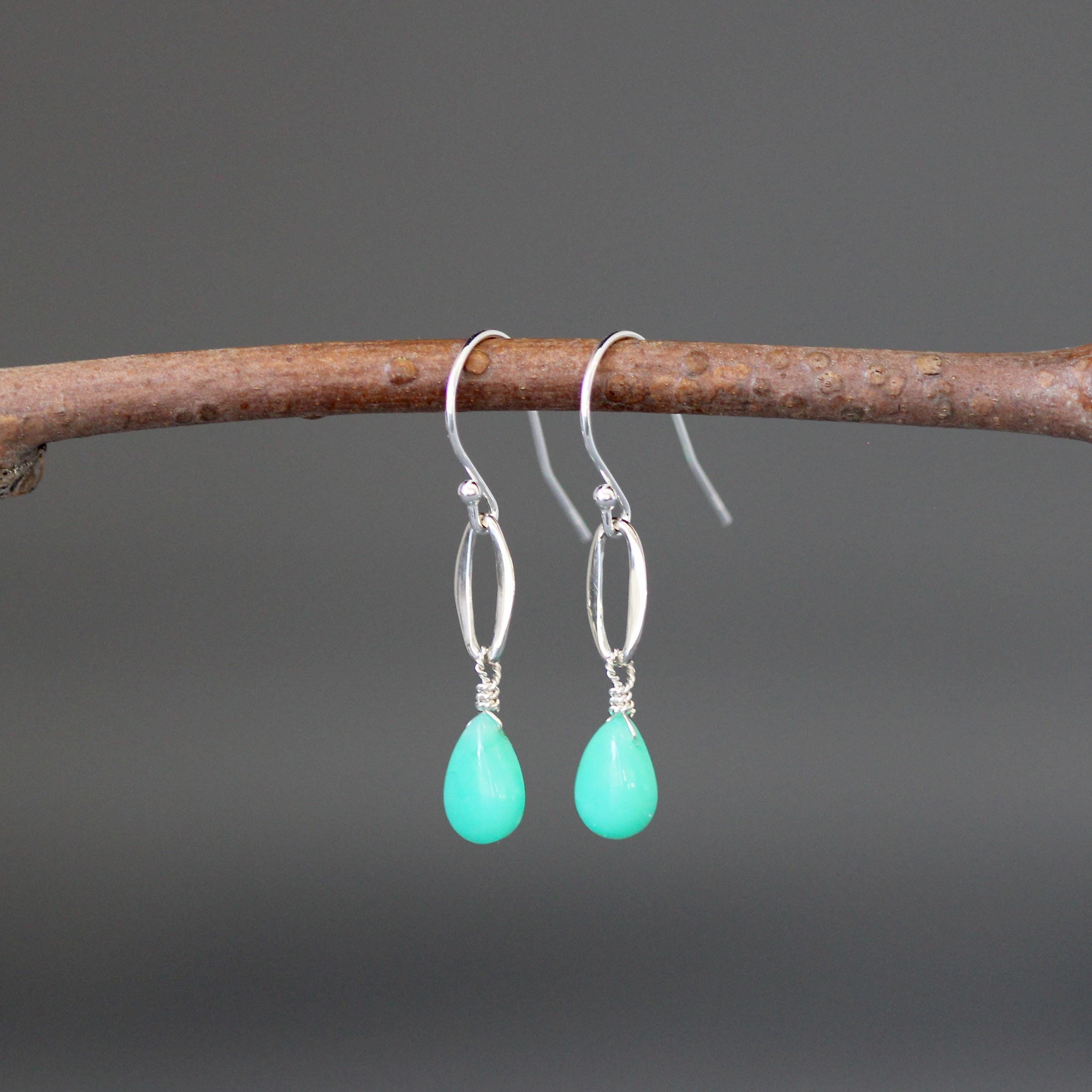 Chrysoprase Teardrop Earrings on Bali Sterling Silver Oval Links