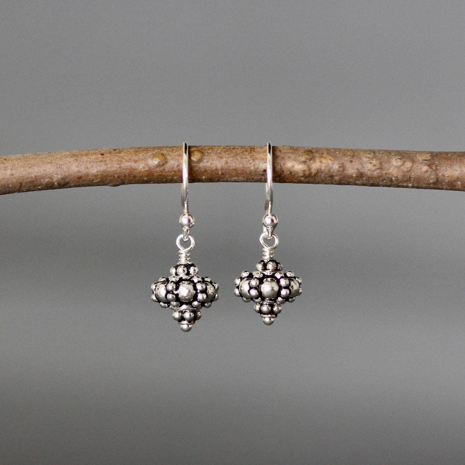 Petite Bali Sterling Silver Bead Cluster Dangle Earrings