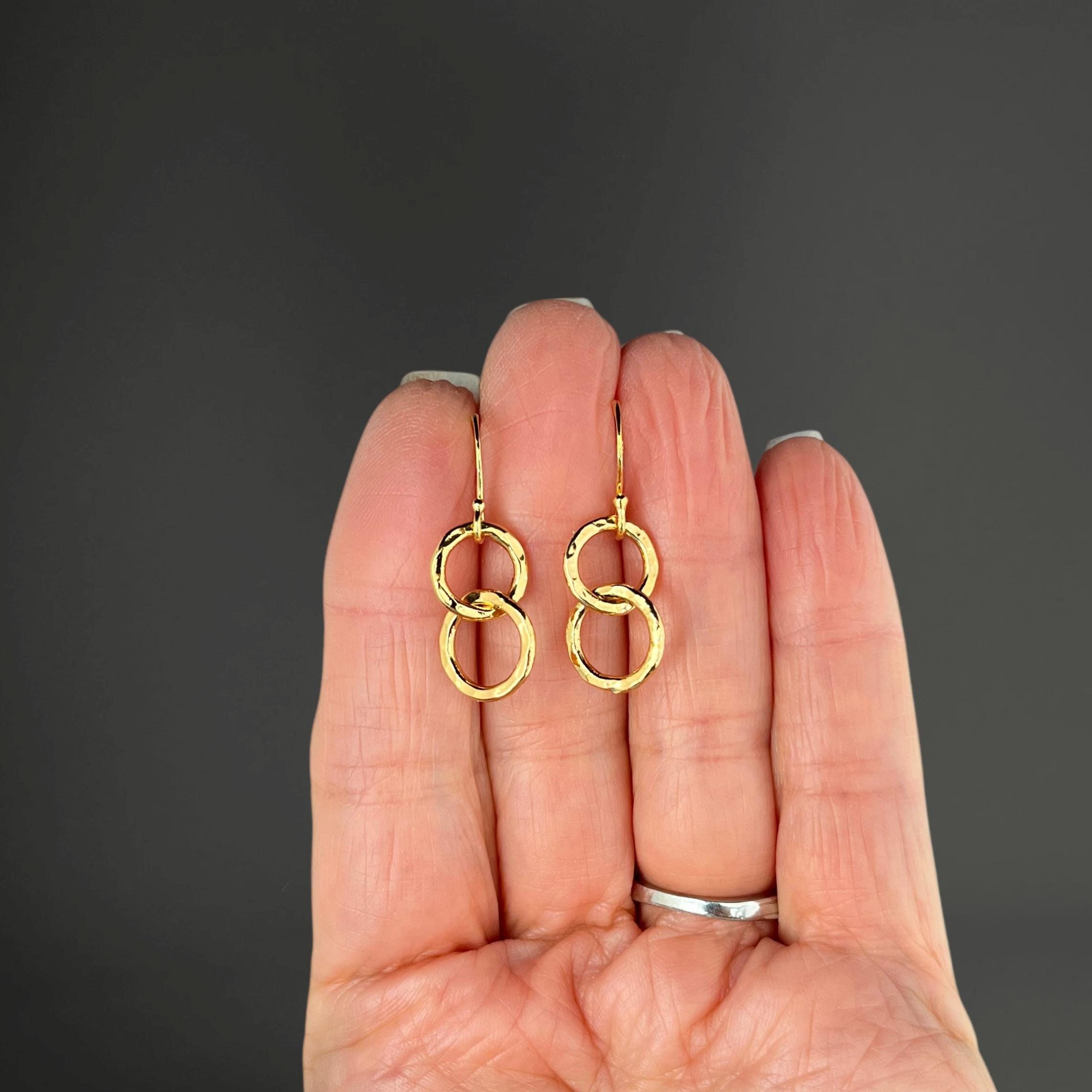 Double Hammered Gold Vermeil Circle Dangle Earrings
