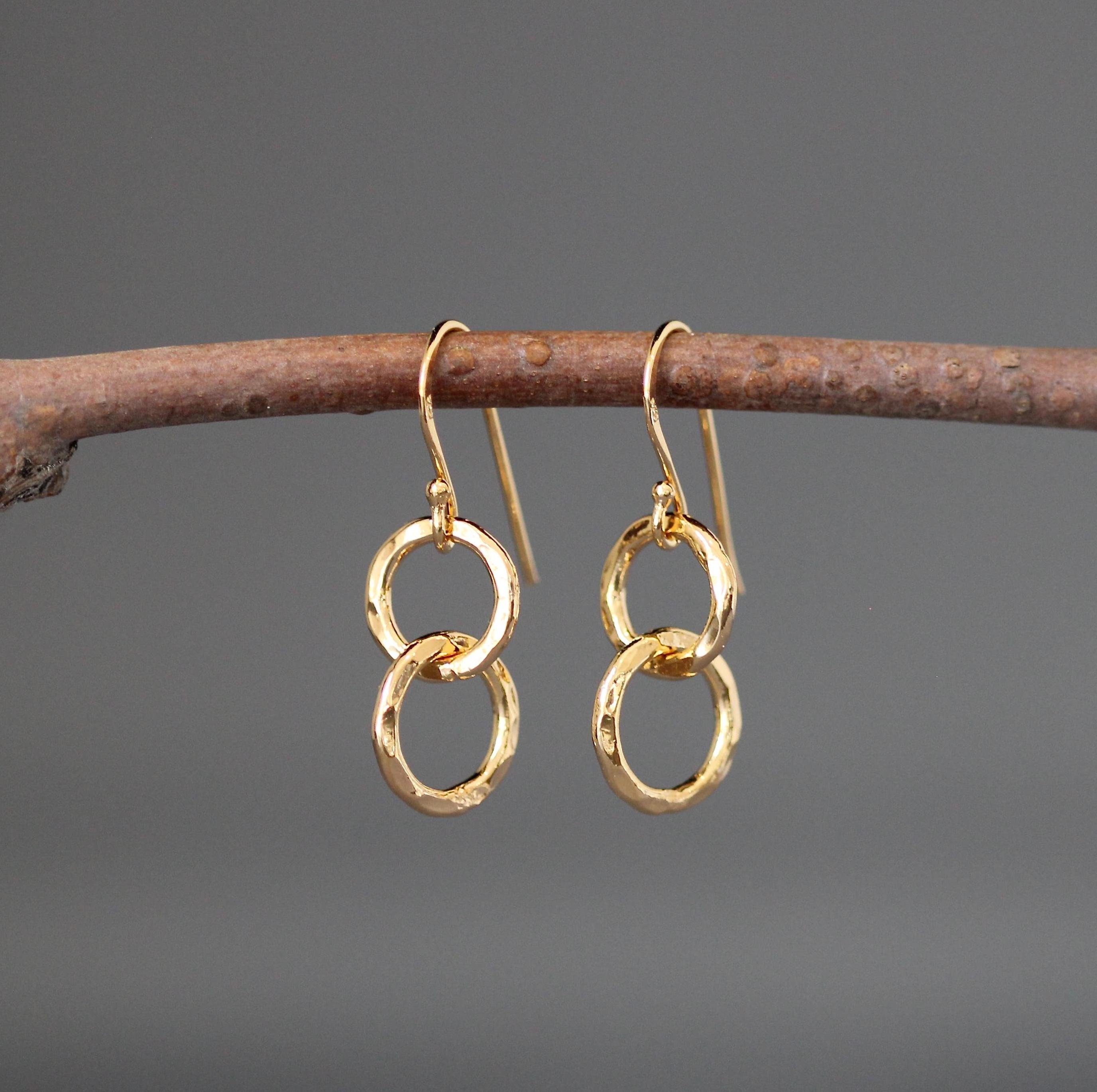 Double Hammered Gold Vermeil Circle Dangle Earrings