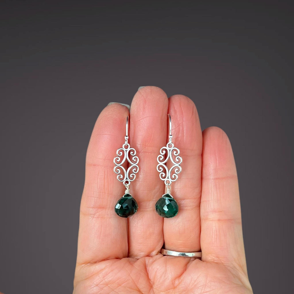 Green Quartz and Sterling Silver Bali Filigree Chandelier Earrings