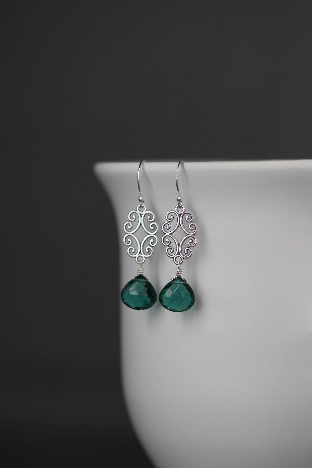 Green Quartz and Sterling Silver Bali Filigree Chandelier Earrings