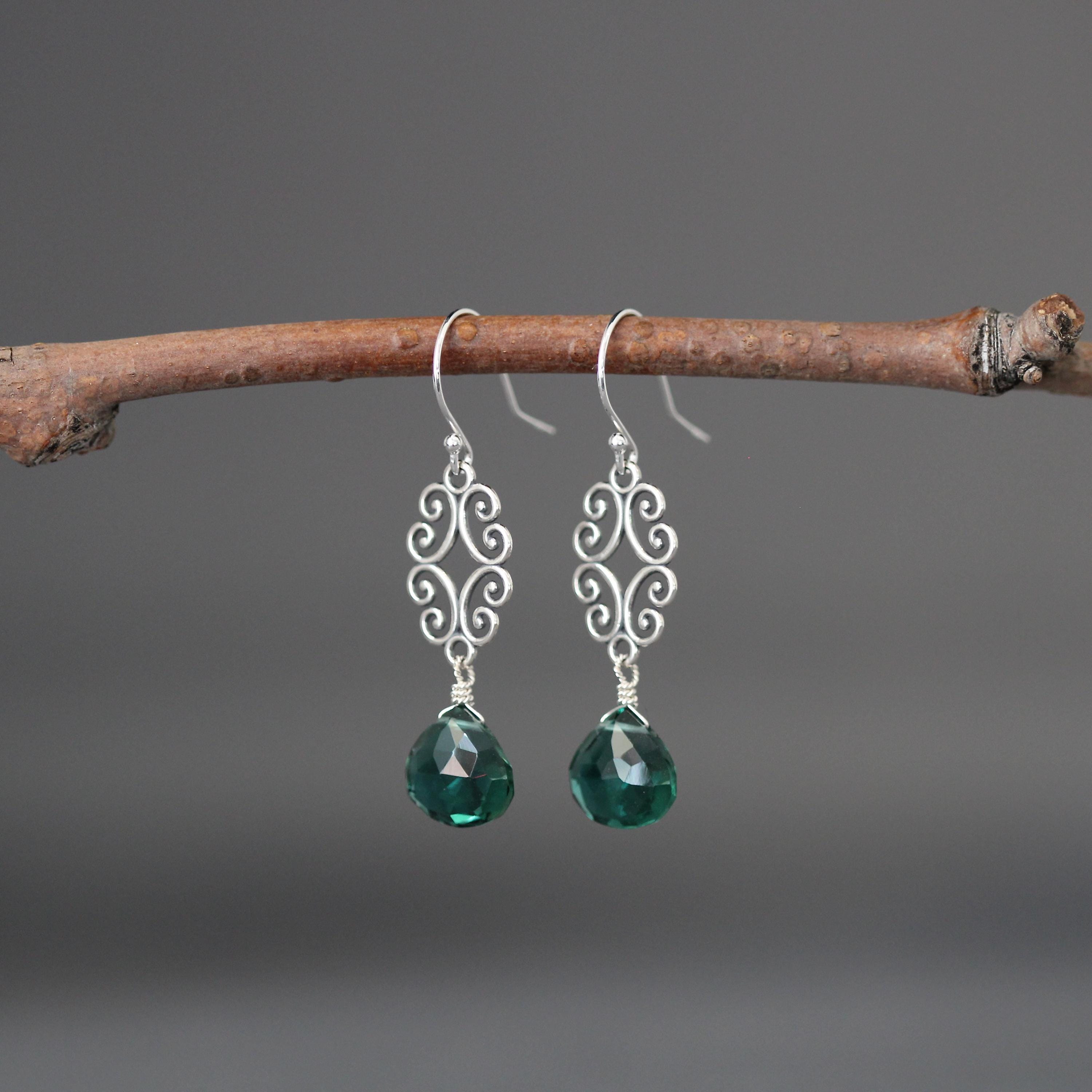 Green Quartz and Sterling Silver Bali Filigree Chandelier Earrings