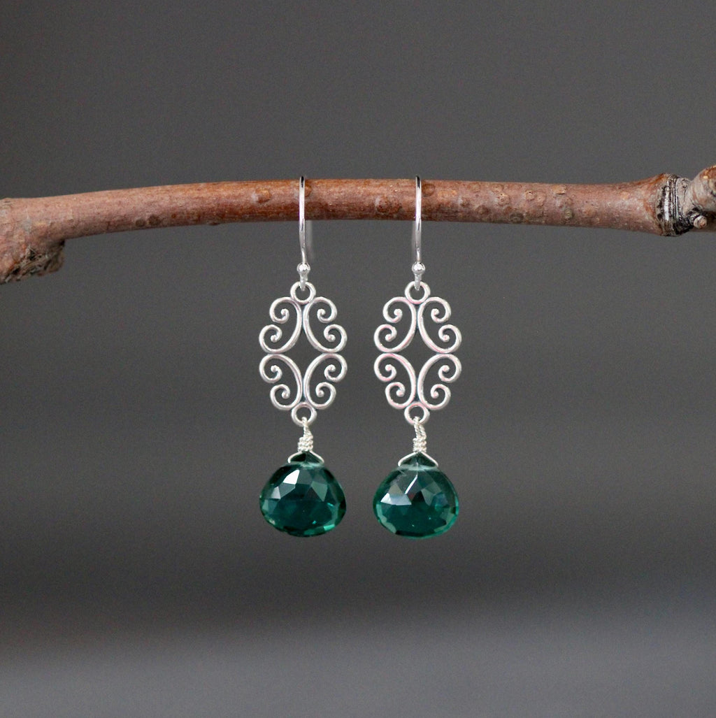 Green Quartz and Sterling Silver Bali Filigree Chandelier Earrings