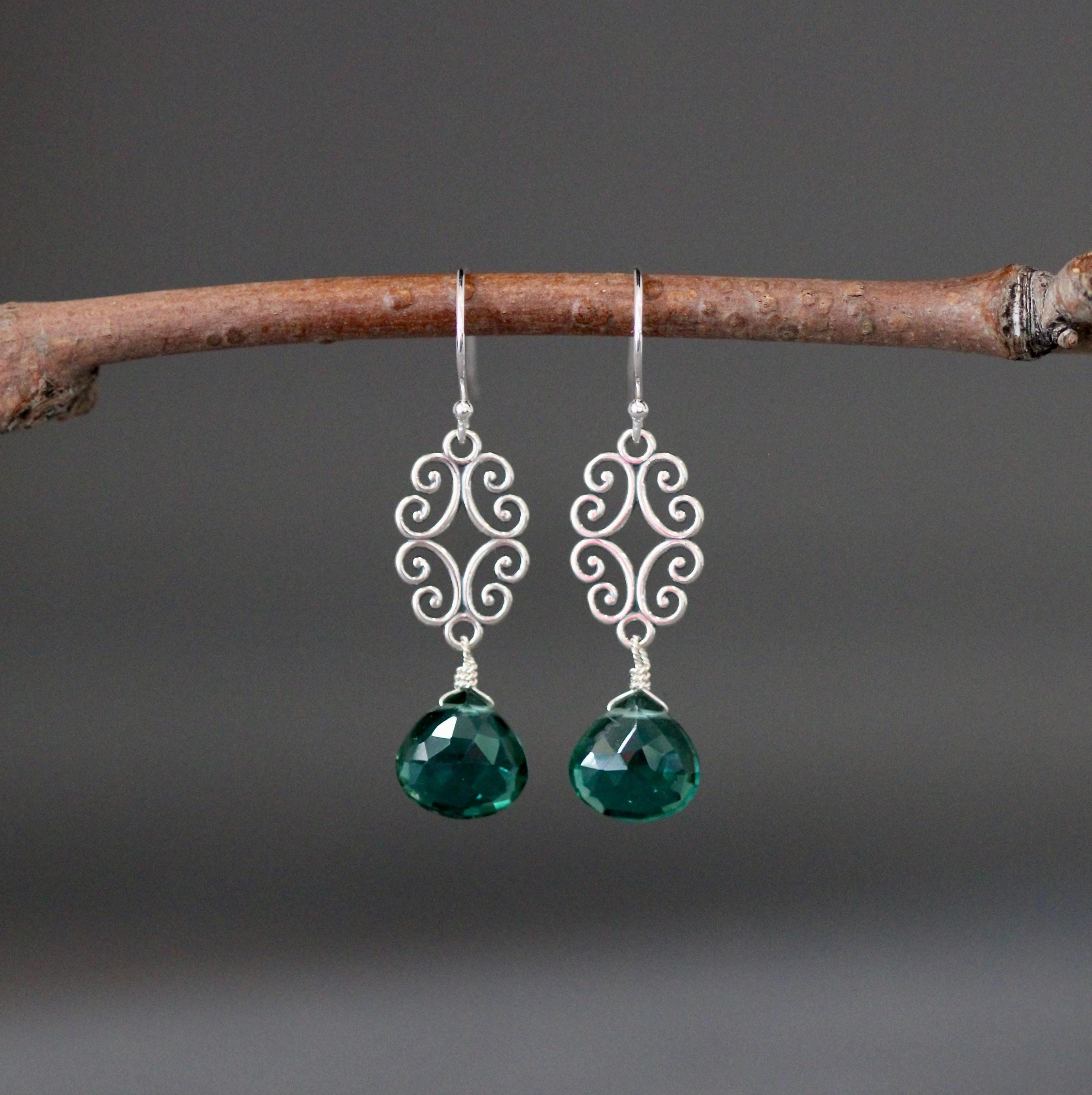Green Quartz and Sterling Silver Bali Filigree Chandelier Earrings