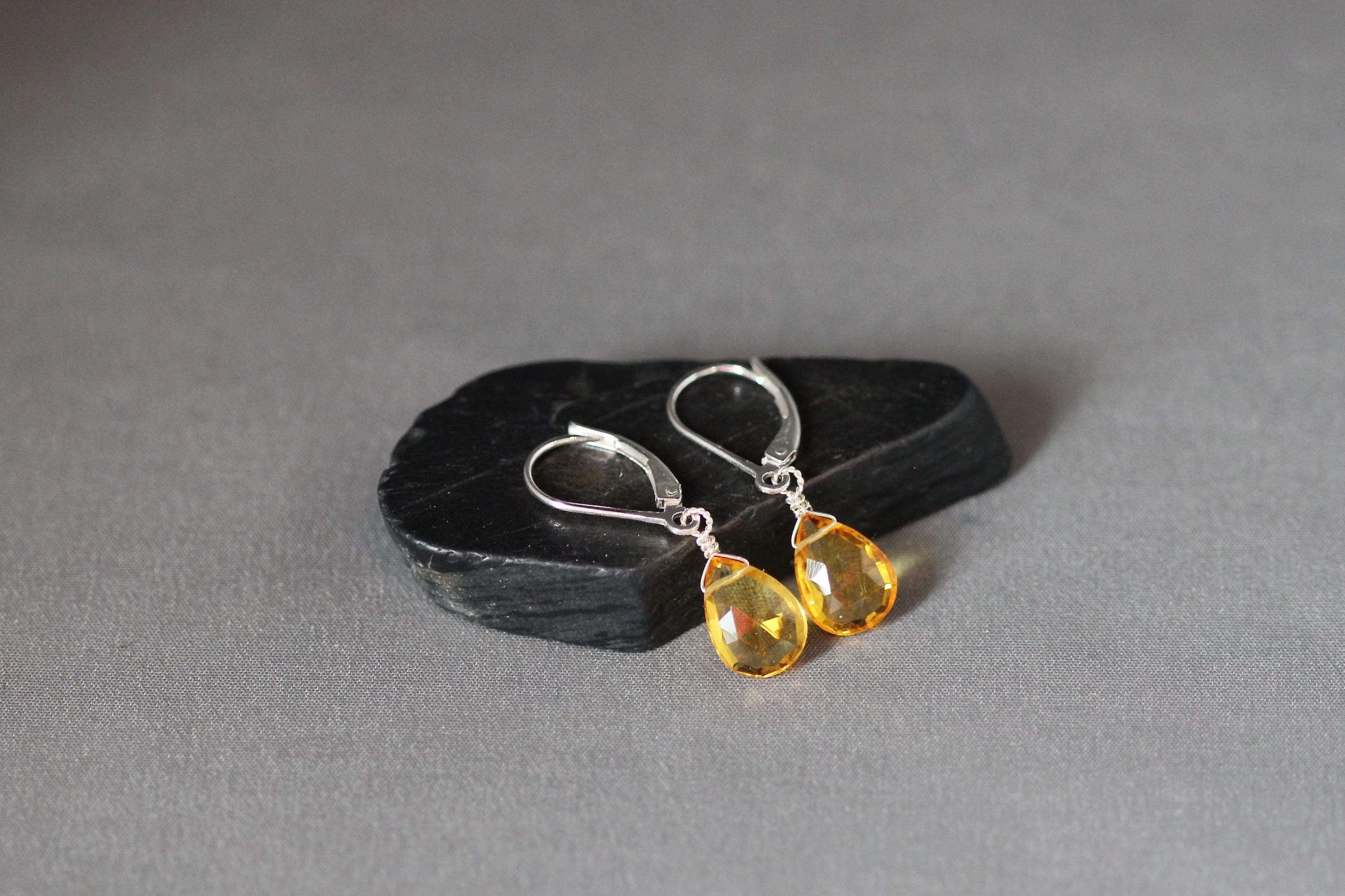 Citrine Quartz Teardrop Dangle Earrings on Sterling Silver Leverbacks