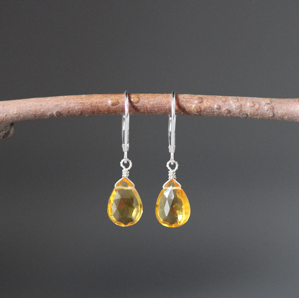 Citrine Quartz Teardrop Dangle Earrings on Sterling Silver Leverbacks